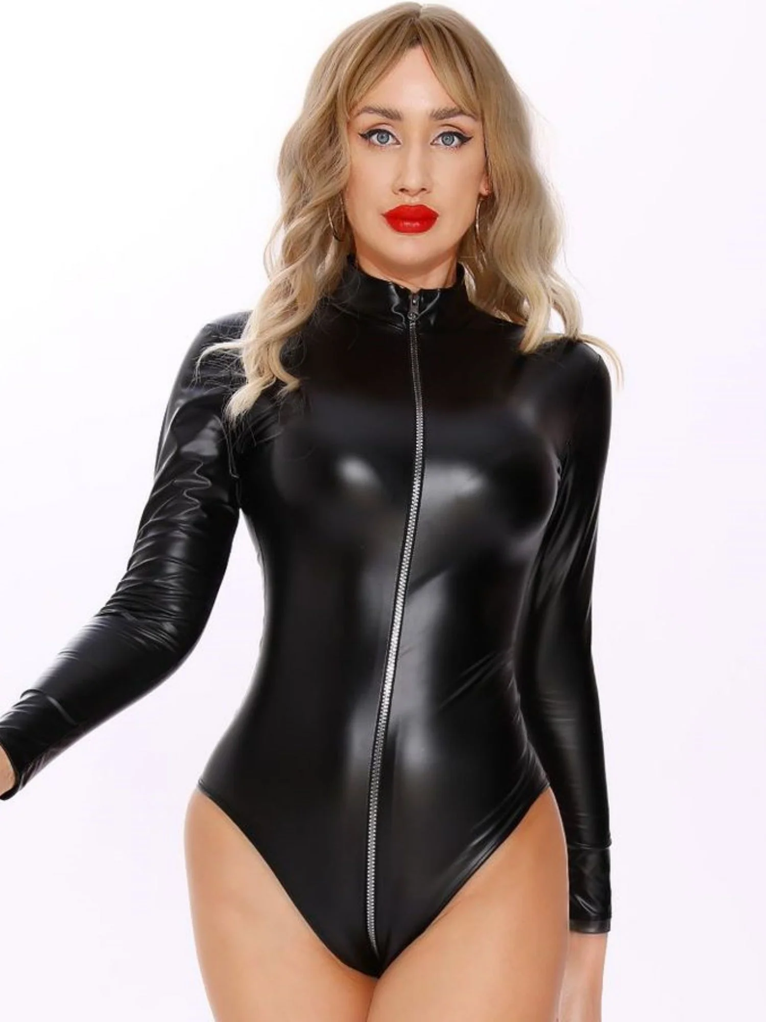 PU Leather Zipper Open Crotch Long Sleeves Bodysuits - Image 3