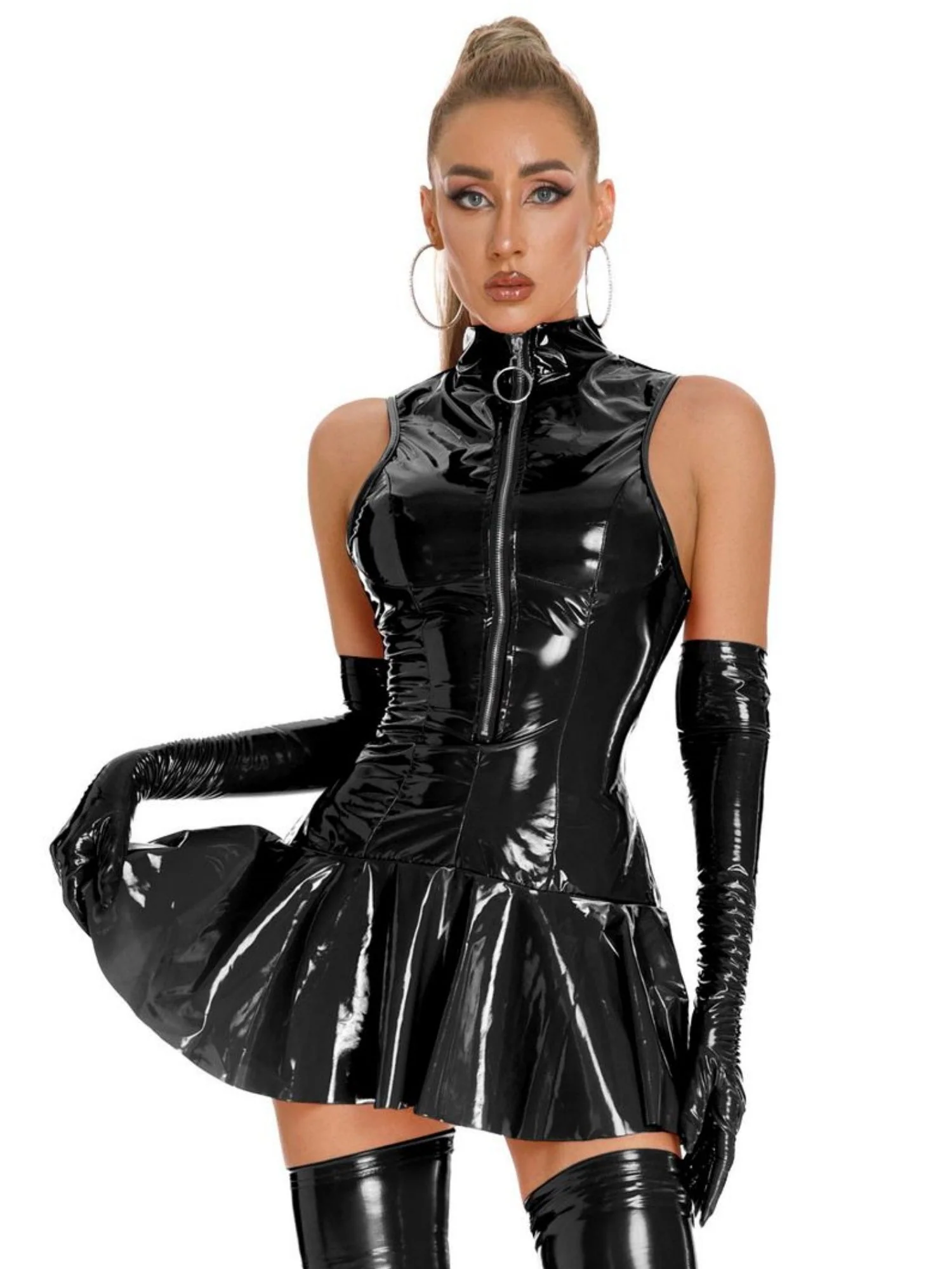 PU Glossy Leather Zipper Sleeveless No Gloves Mini&Short Dresses - Image 3