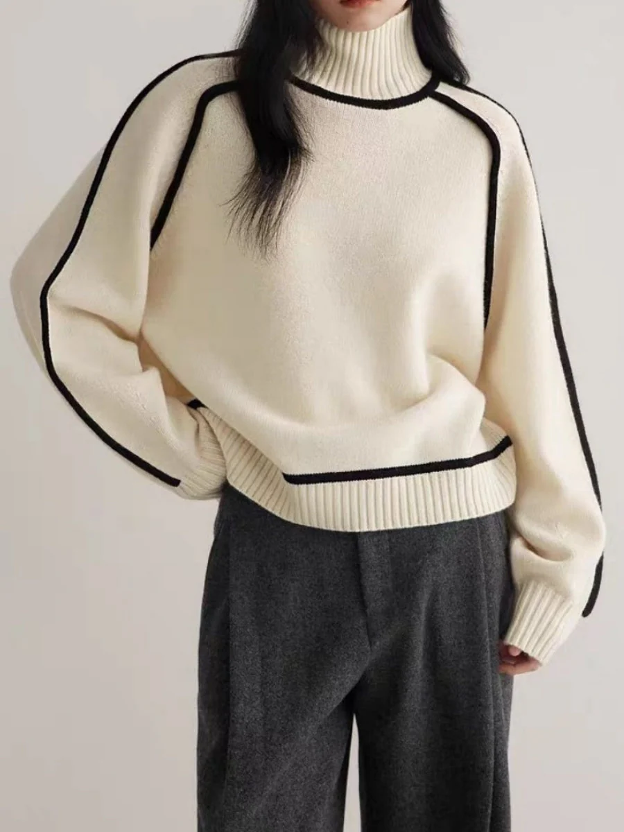 Color-blocked Stripes Splicing Half Turtleneck Sweaters - Image 2