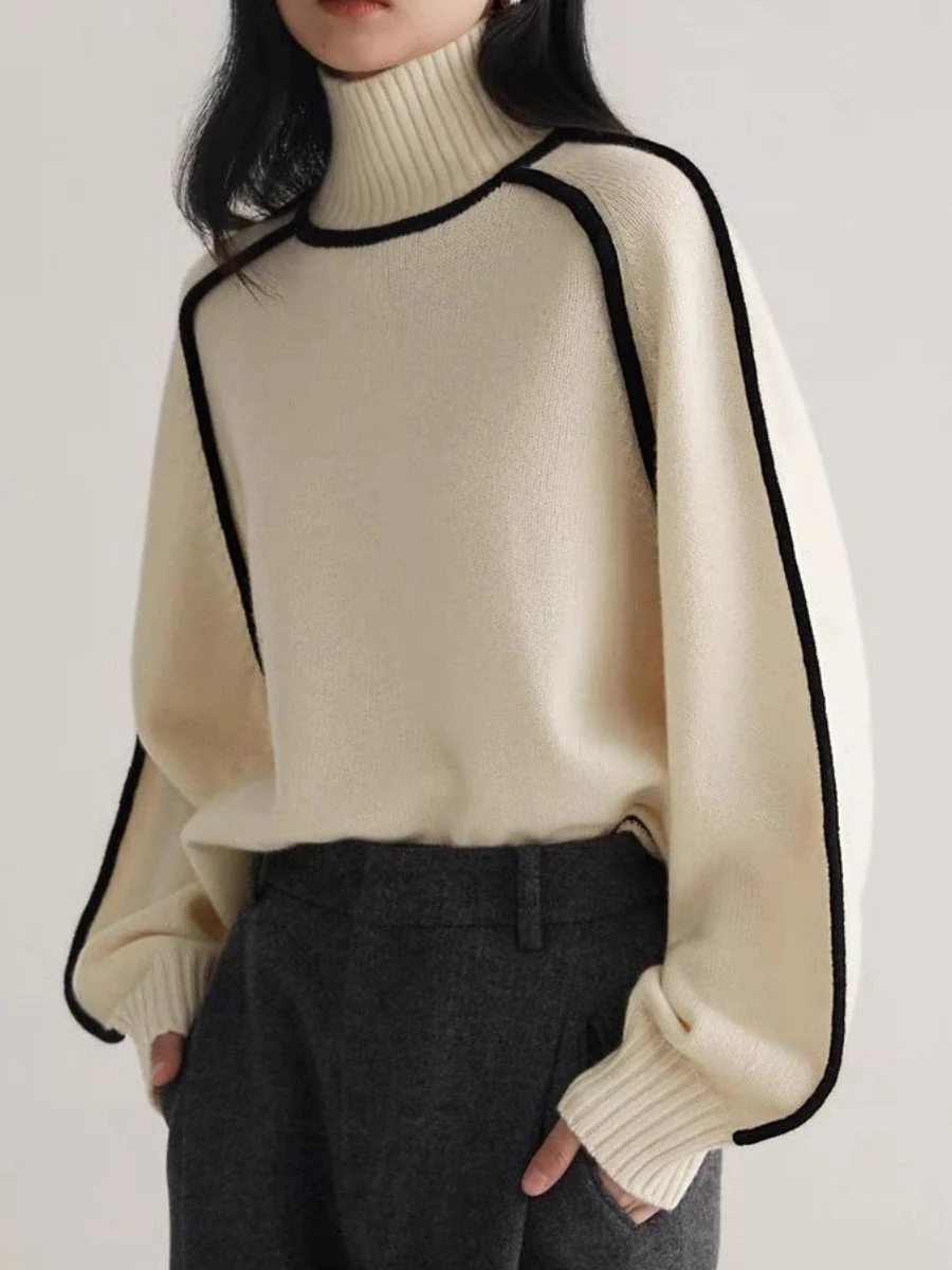 Color-blocked Stripes Splicing Half Turtleneck Sweaters - Image 3