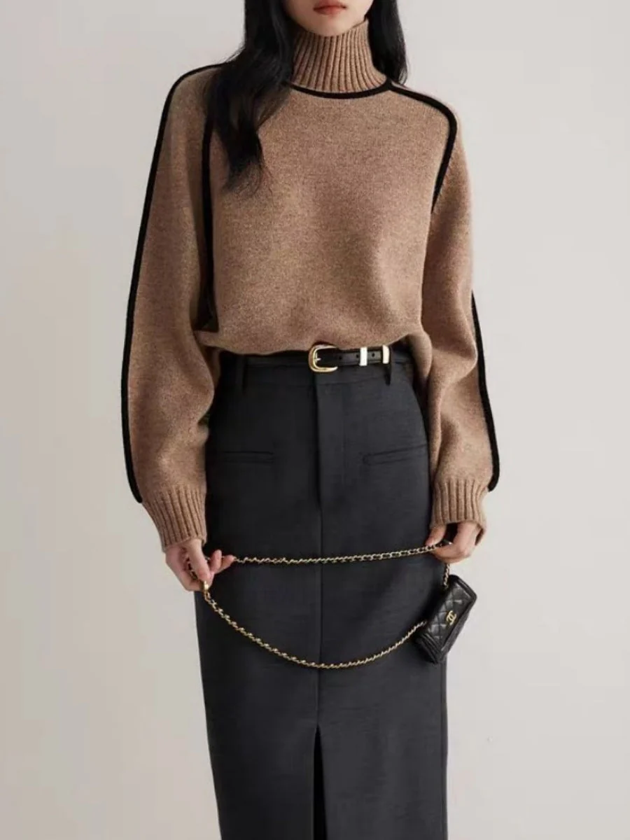 Color-blocked Stripes Splicing Half Turtleneck Sweaters - Image 4