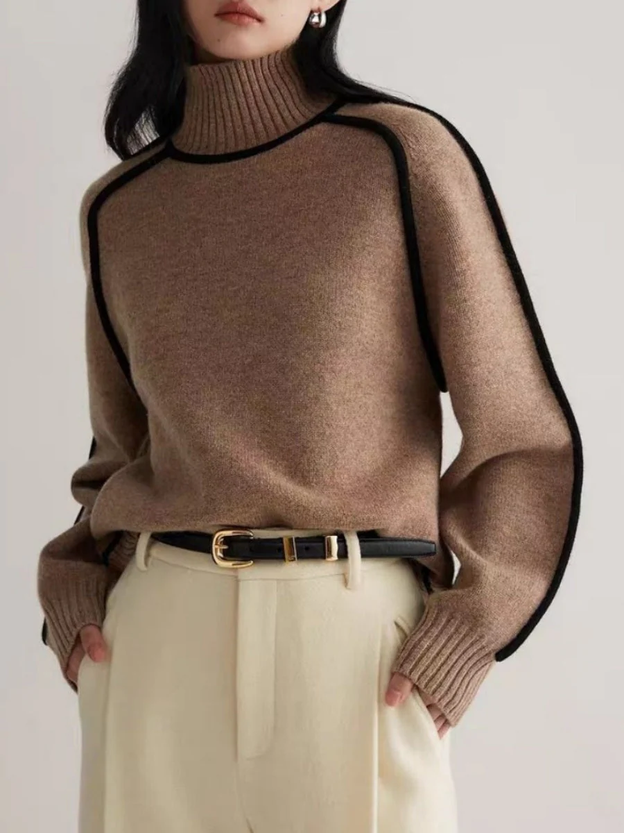 Color-blocked Stripes Splicing Half Turtleneck Sweaters - Image 5