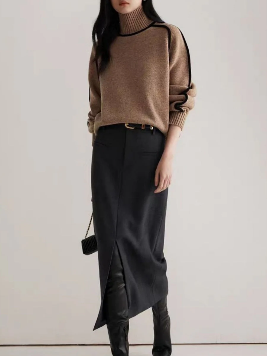 Color-blocked Stripes Splicing Half Turtleneck Sweaters - Image 6