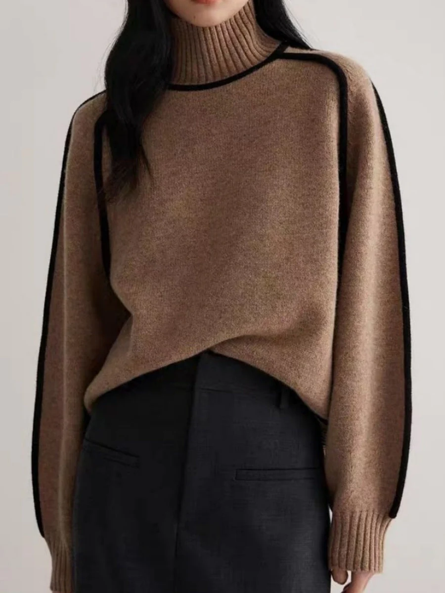 Color-blocked Stripes Splicing Half Turtleneck Sweaters - Image 7
