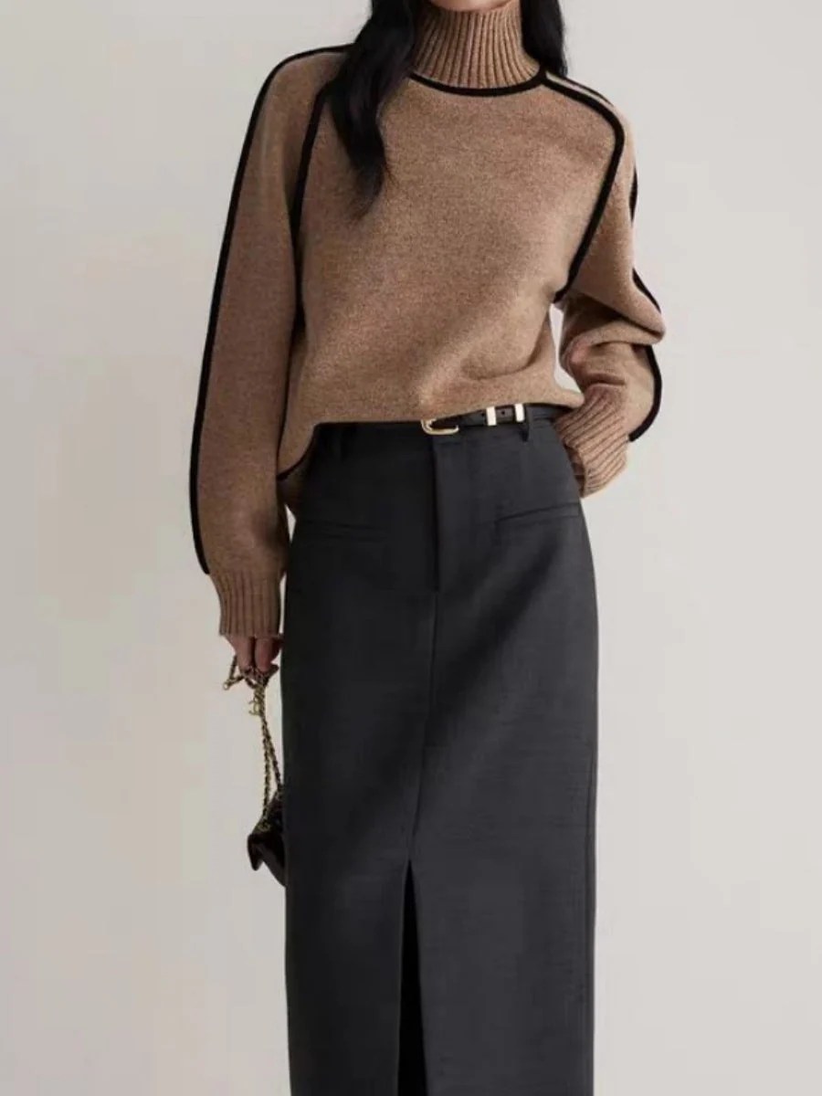 Color-blocked Stripes Splicing Half Turtleneck Sweaters - Image 8
