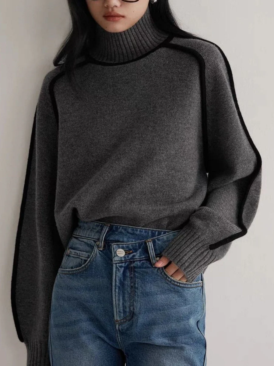 Color-blocked Stripes Splicing Half Turtleneck Sweaters - Image 9
