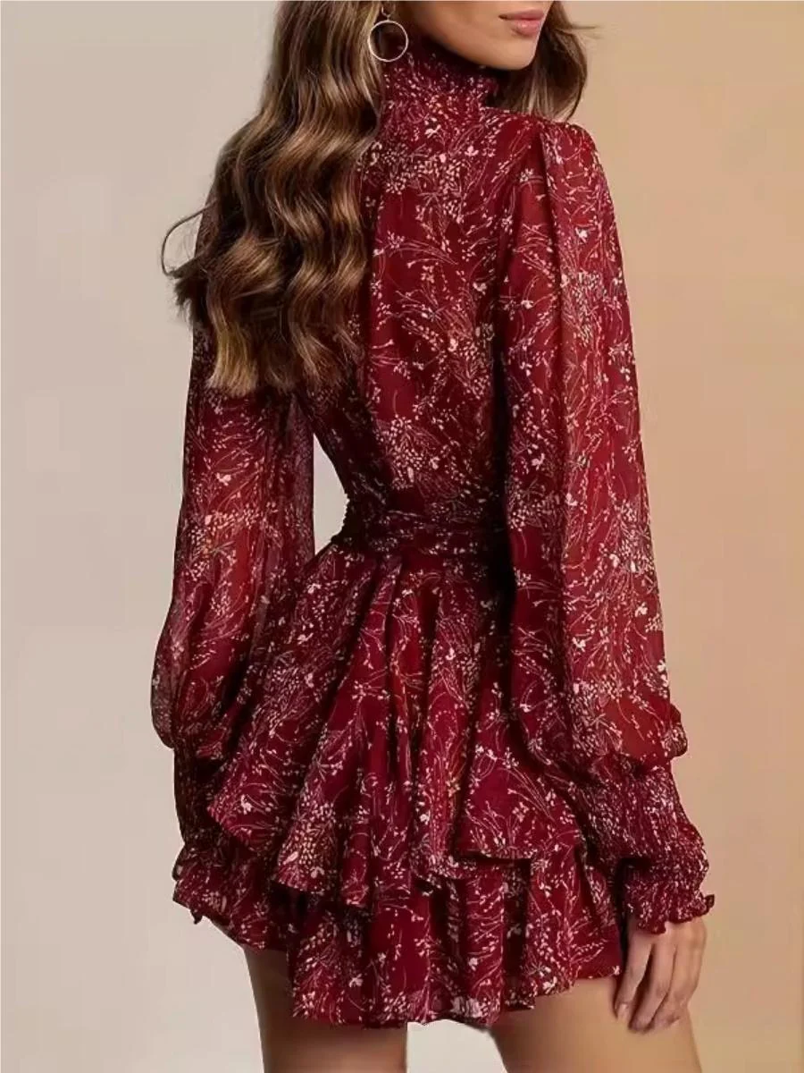 Turtleneck Wood Ear Belts Floral Mini&Short Dresses - Image 2