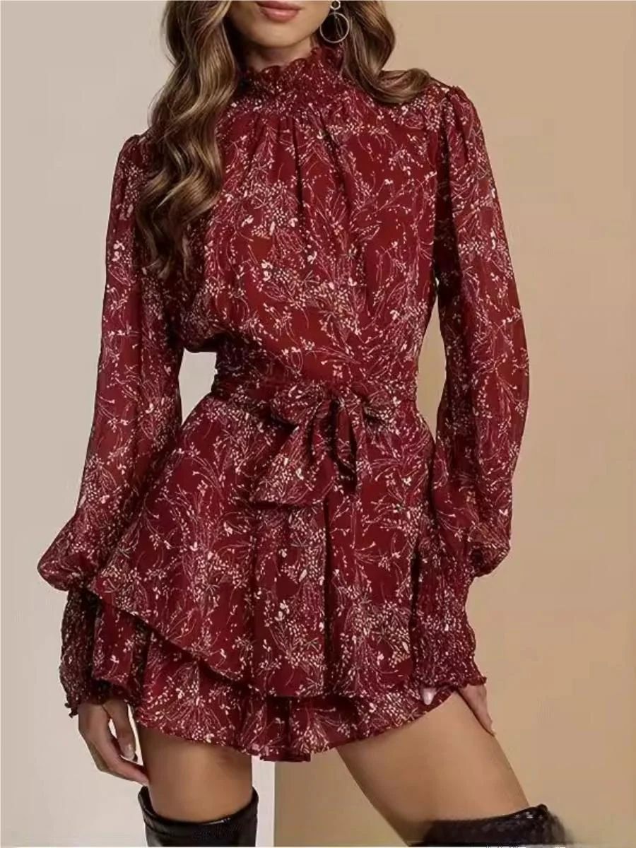 Turtleneck Wood Ear Belts Floral Mini&Short Dresses - Image 3