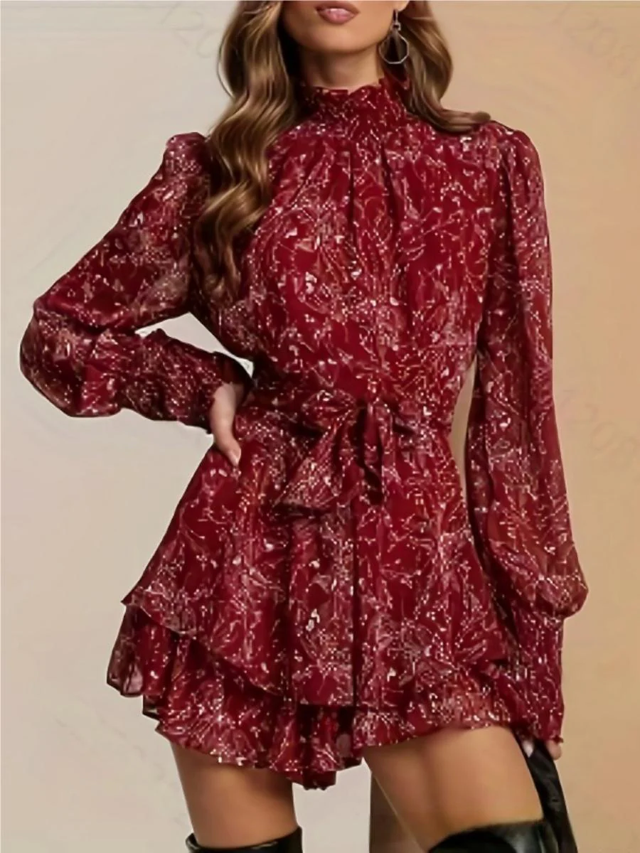 Turtleneck Wood Ear Belts Floral Mini&Short Dresses - Image 4