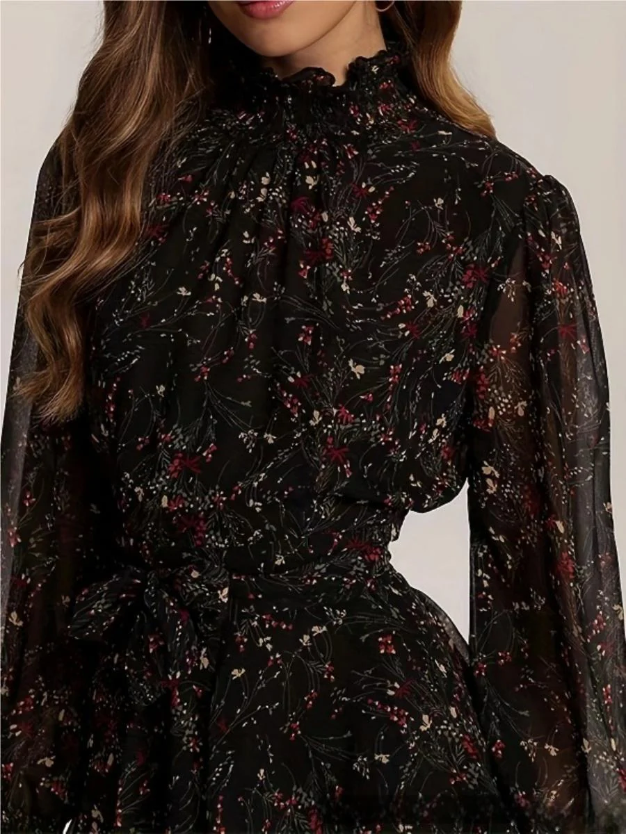 Turtleneck Wood Ear Belts Floral Mini&Short Dresses - Image 5