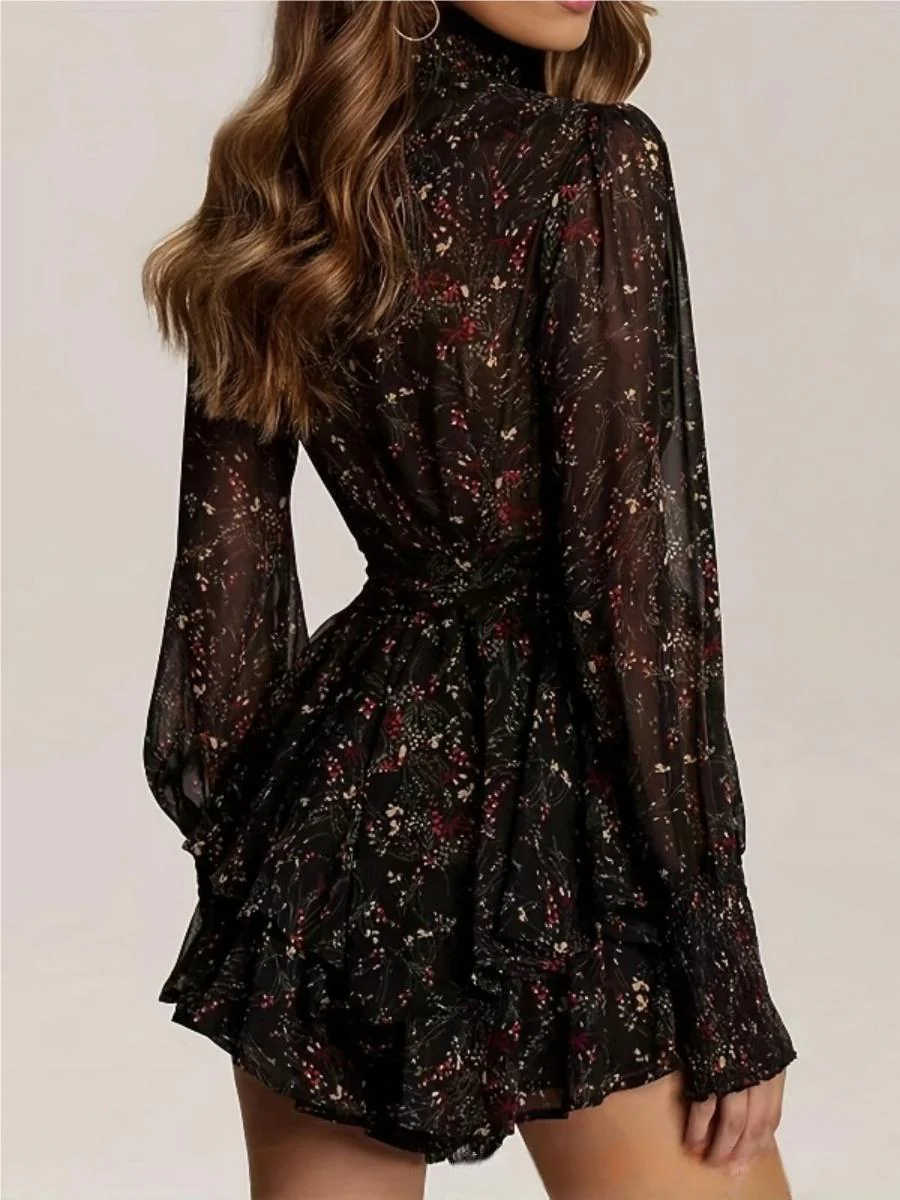 Turtleneck Wood Ear Belts Floral Mini&Short Dresses - Image 6