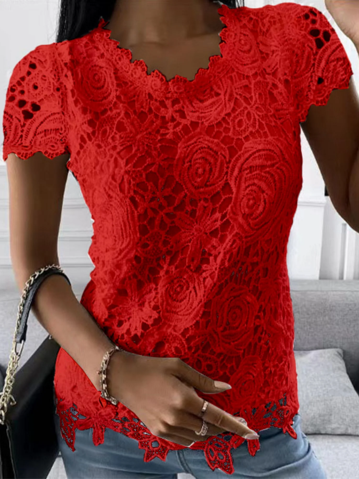 Lace Trim Crew Neck Short-sleeved T-shirt - Image 4