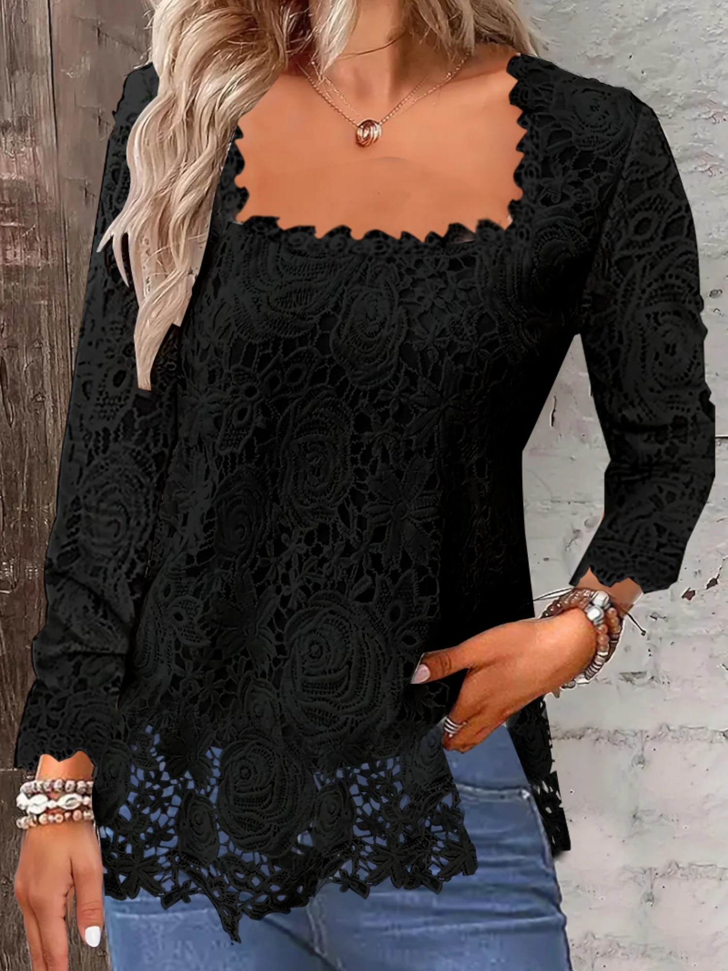 Lace Trim Square Collar Long-sleeved T-shirt - Image 3