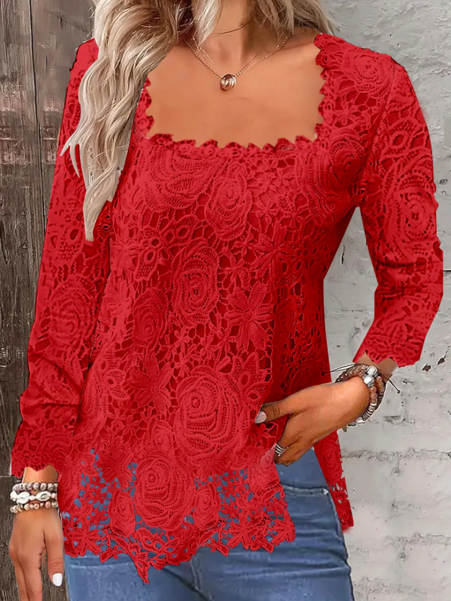 Lace Trim Square Collar Long-sleeved T-shirt - Image 4