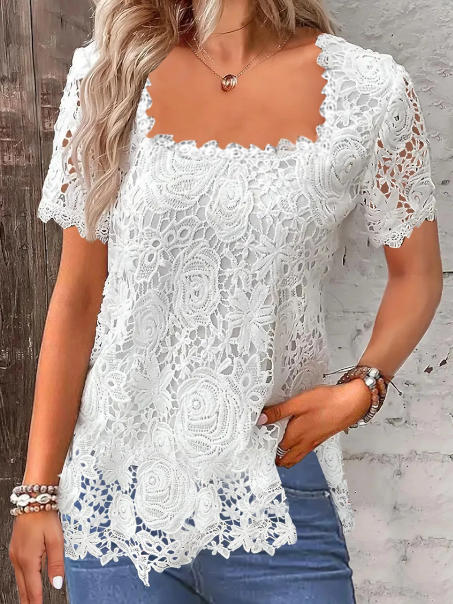 Lace Trim Square Collar Short-sleeved T-shirt - Image 2