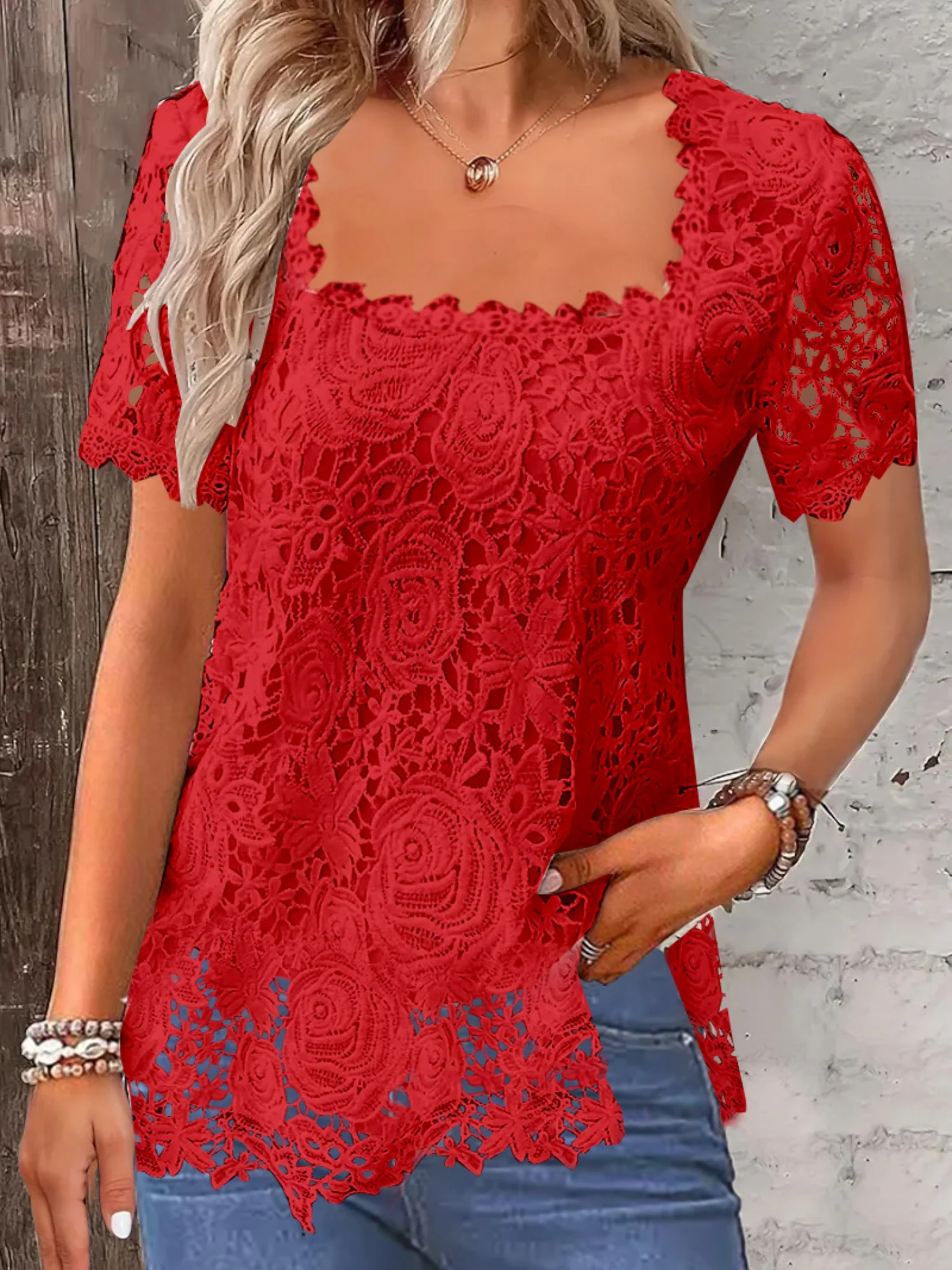 Lace Trim Square Collar Short-sleeved T-shirt - Image 4