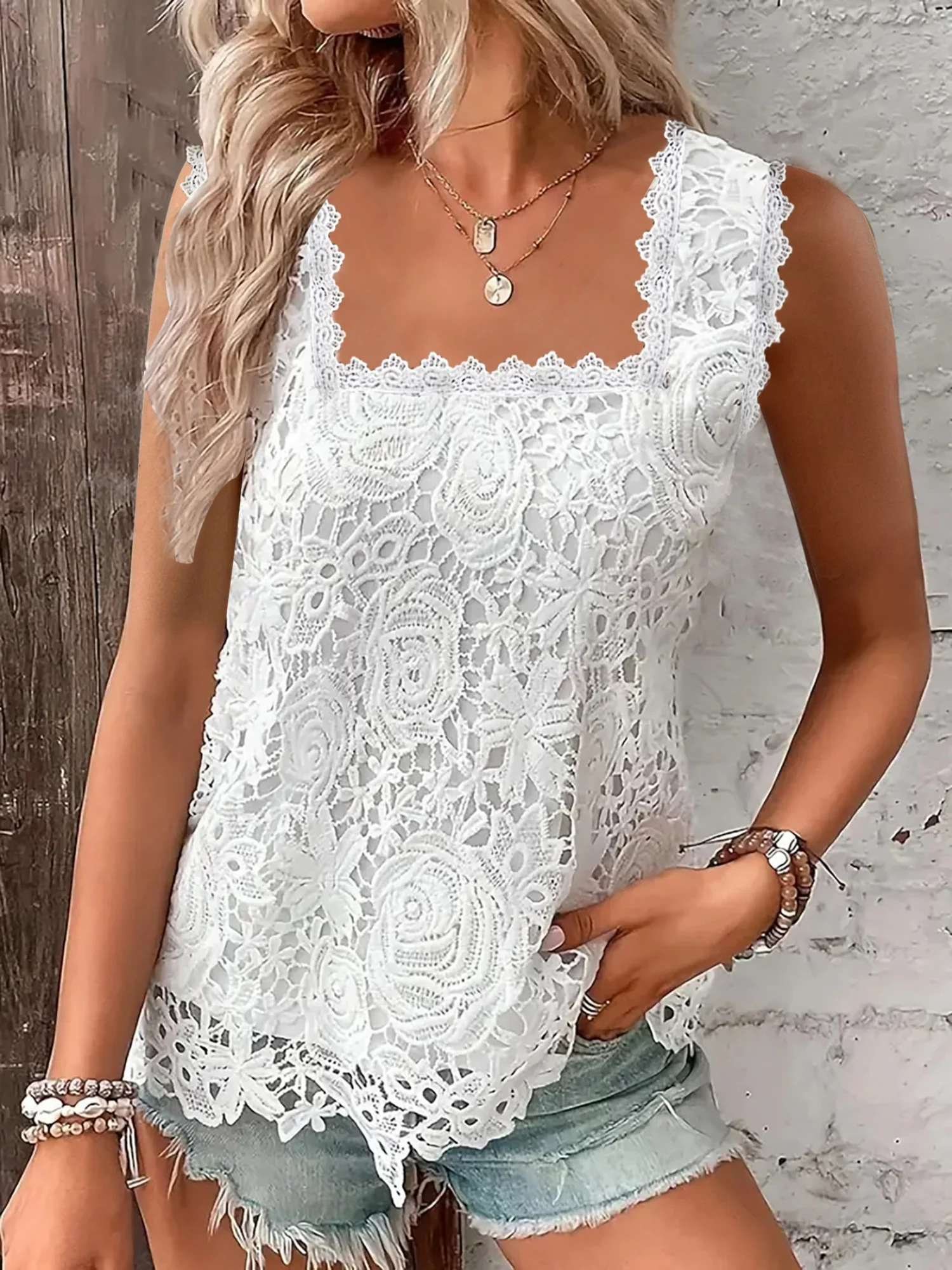 Lace Trim Square Collar Tank Tops&Camis - Image 2