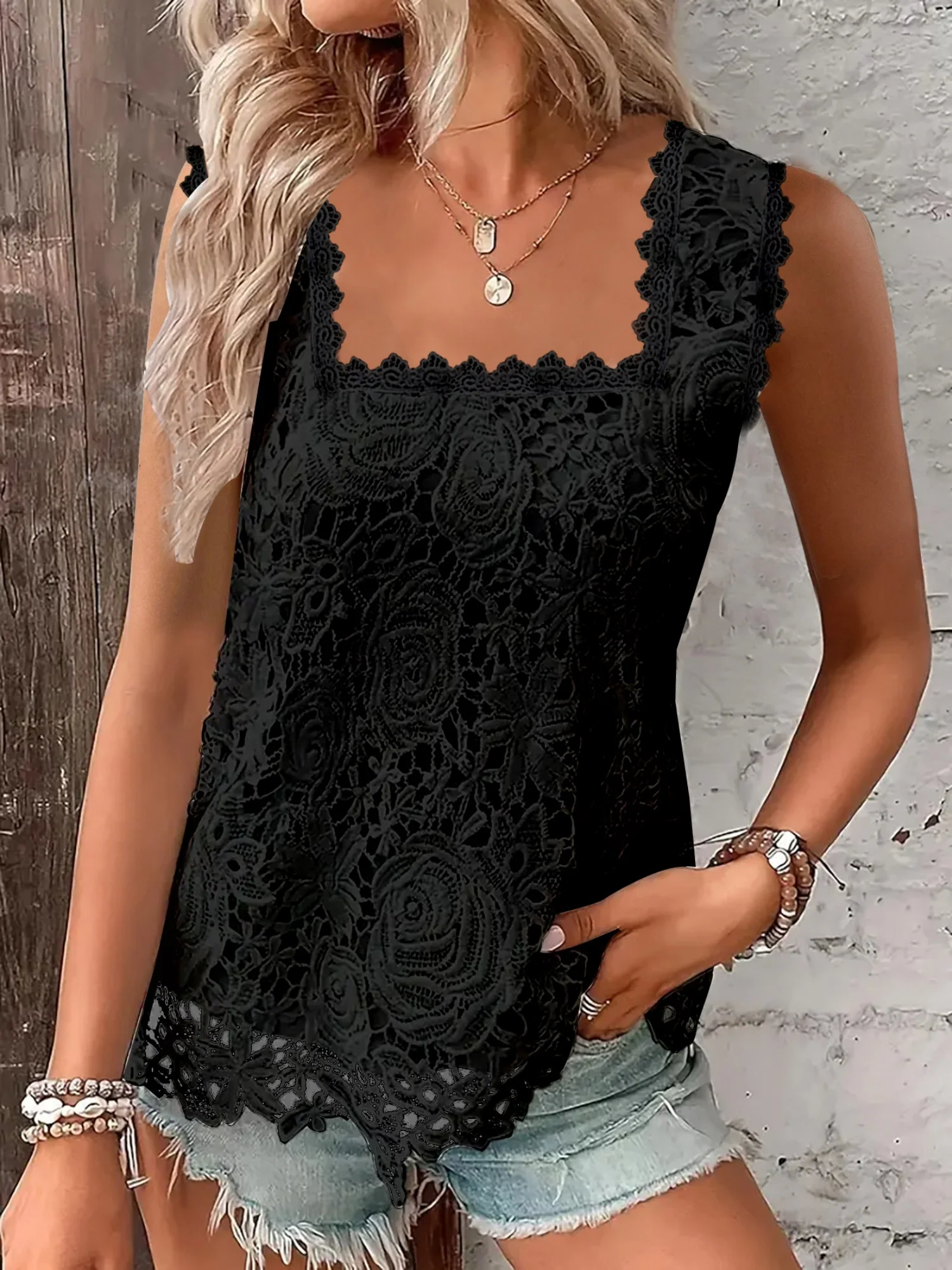 Lace Trim Square Collar Tank Tops&Camis - Image 3