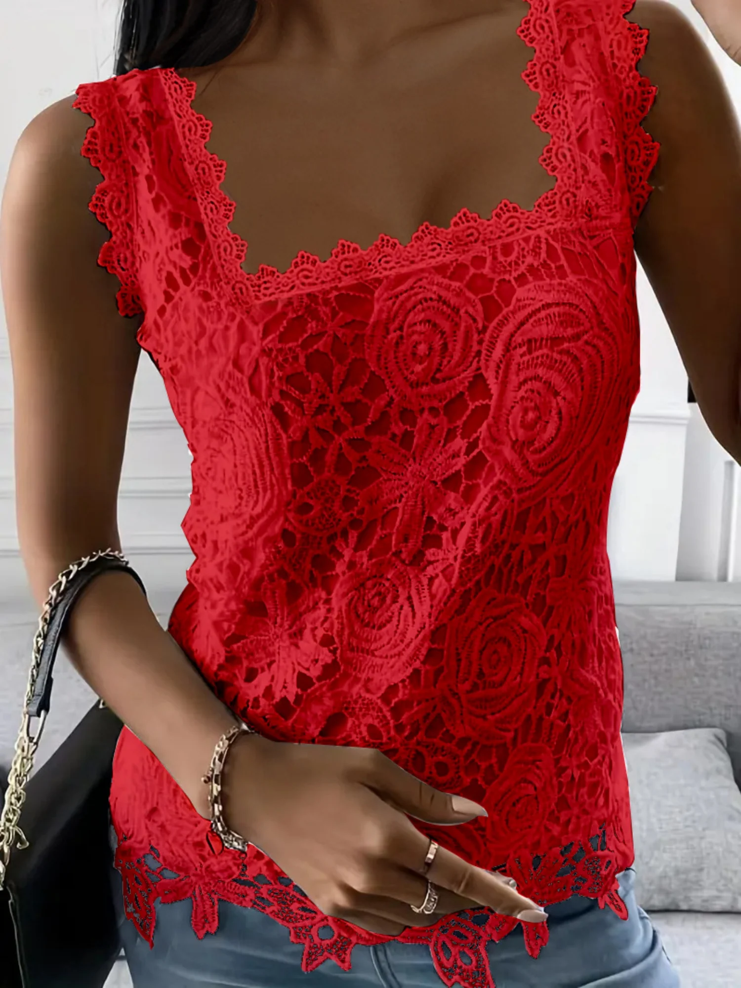 Lace Trim Square Collar Tank Tops&Camis - Image 4