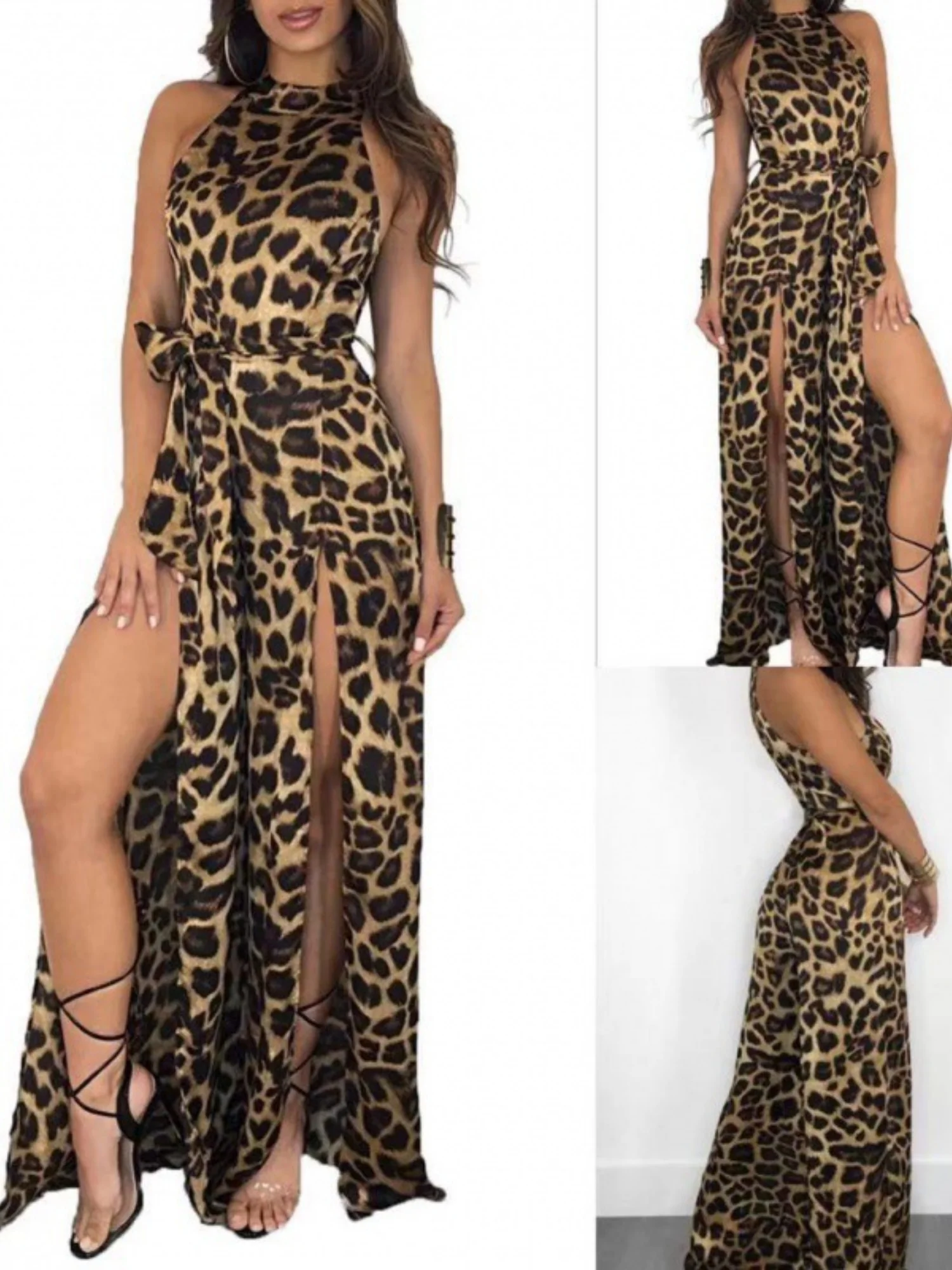 Leopard Print Slit Sleeveless Tie Long Jumpsuit - Image 3