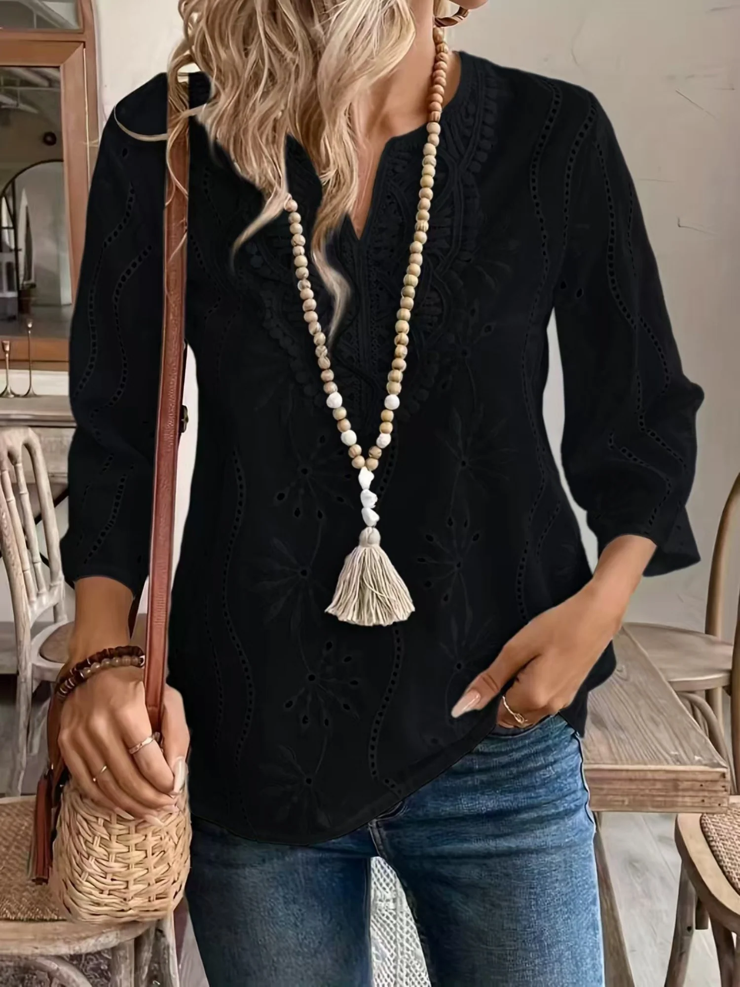 Lace Cutout Chiffon Embroidery V-neck  Flare Sleeve Long-sleeved T-shirt - Image 3