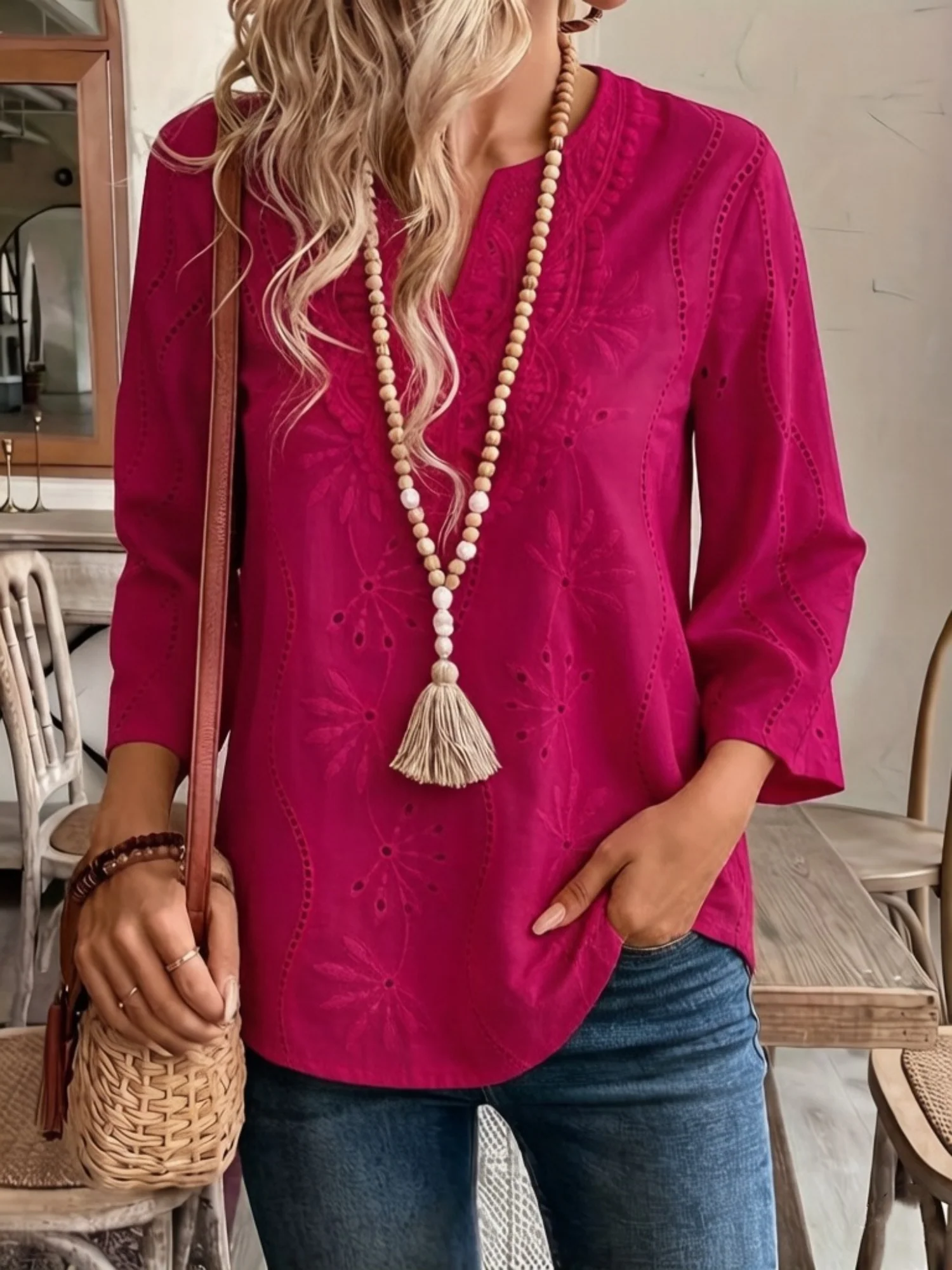 Lace Cutout Chiffon Embroidery V-neck  Flare Sleeve Long-sleeved T-shirt - Image 4