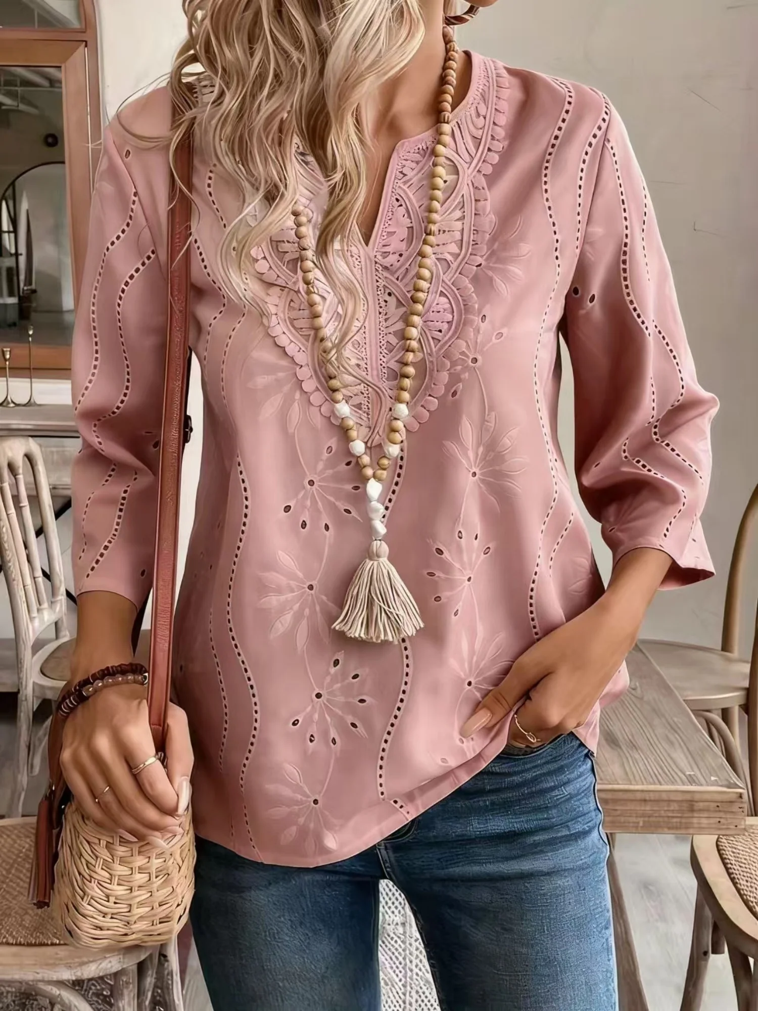 Lace Cutout Chiffon Embroidery V-neck  Flare Sleeve Long-sleeved T-shirt - Image 5