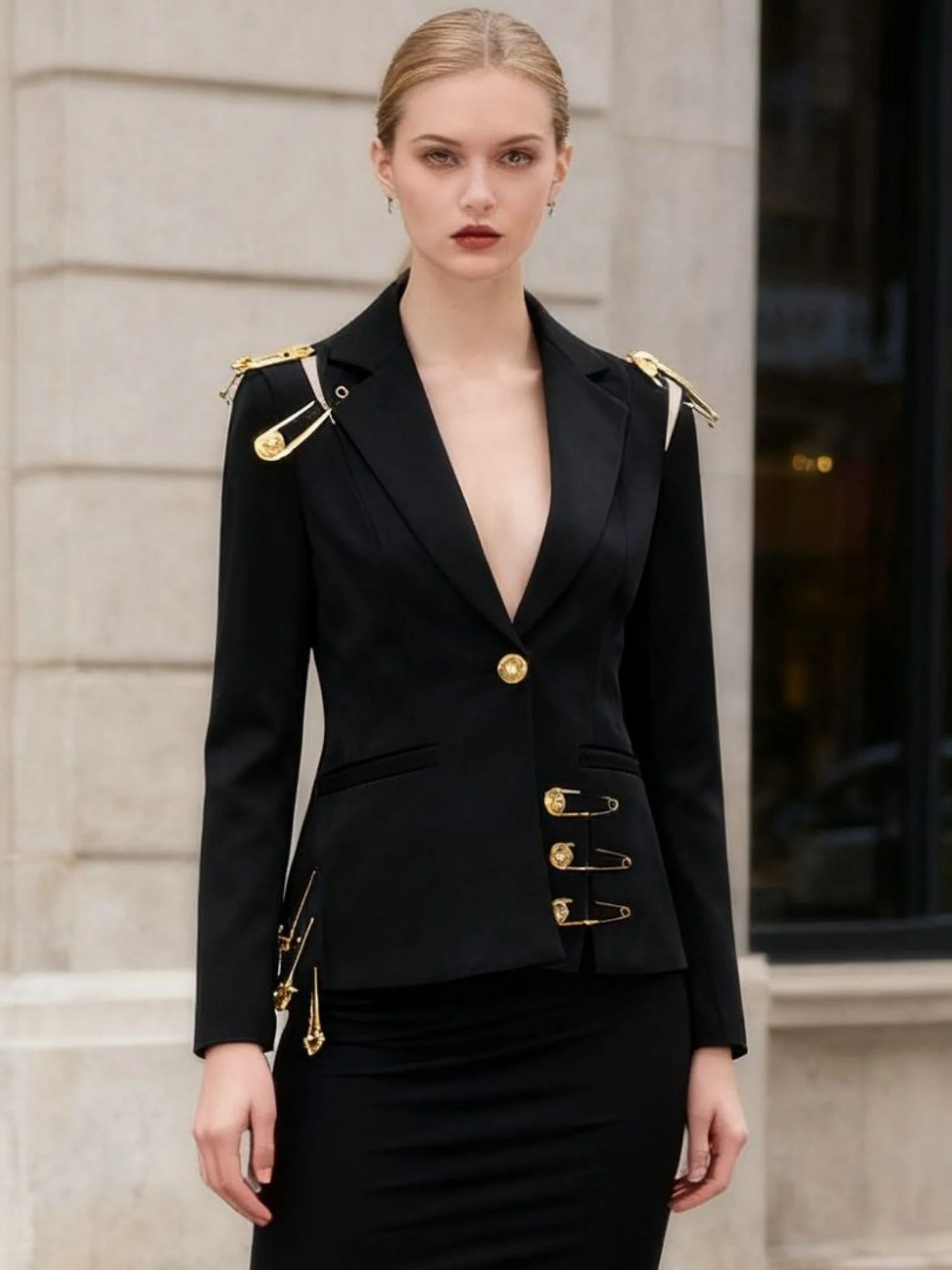 Large Safety Pin Decoration Long-sleeved Fitted Blazers - Image 2