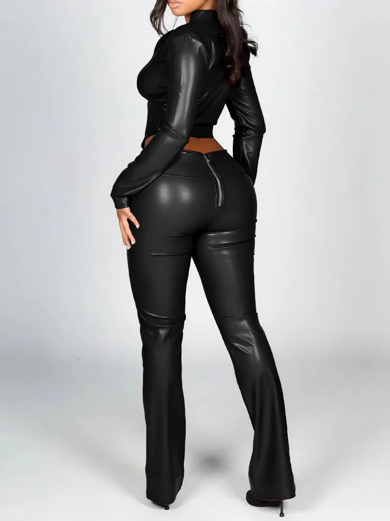 Slim-fit Zippered Stretch Leather Jacket And Casual Flared Pants 2-piece Sets - Image 3