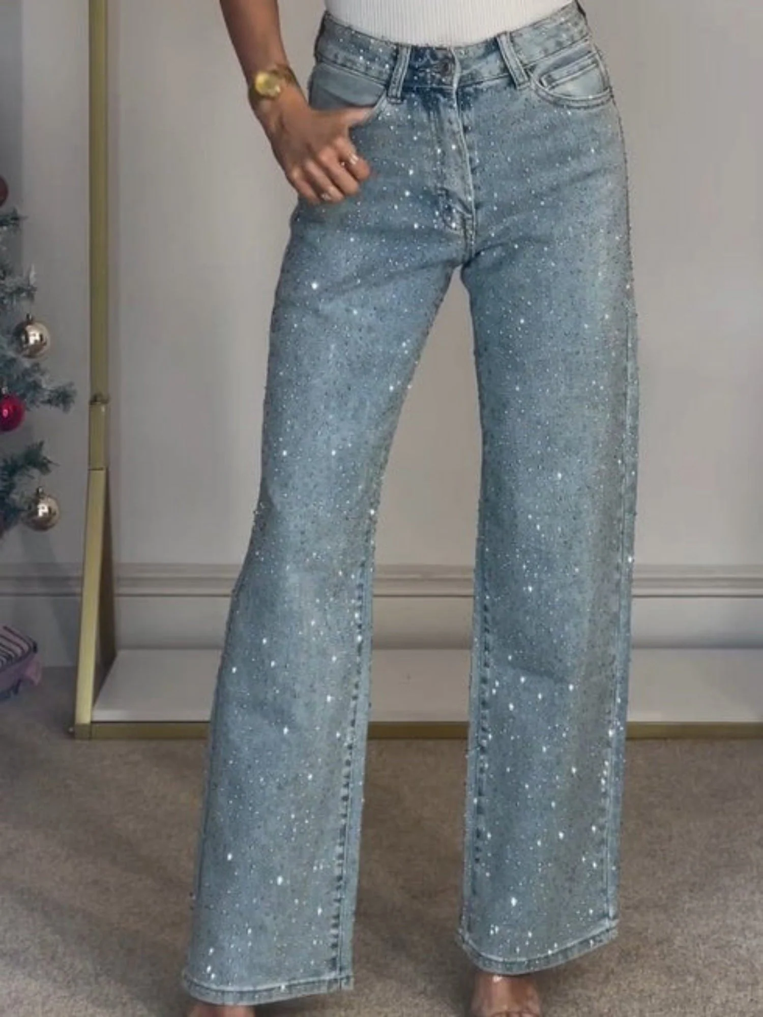 Y2k Rhinestone-studded High-waisted Straight Leg Jeans - Image 3