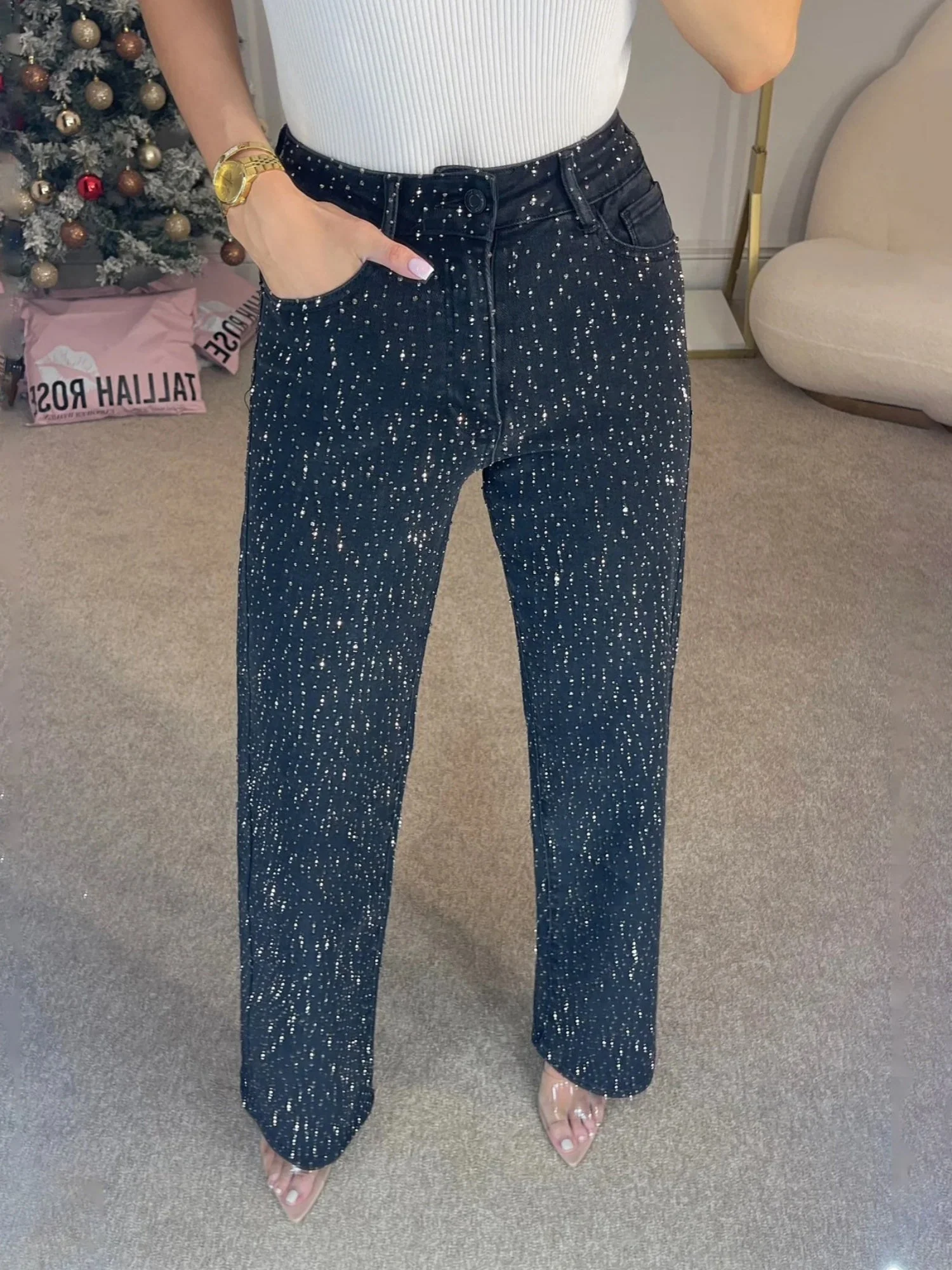 Y2k Rhinestone-studded High-waisted Straight Leg Jeans - Image 5