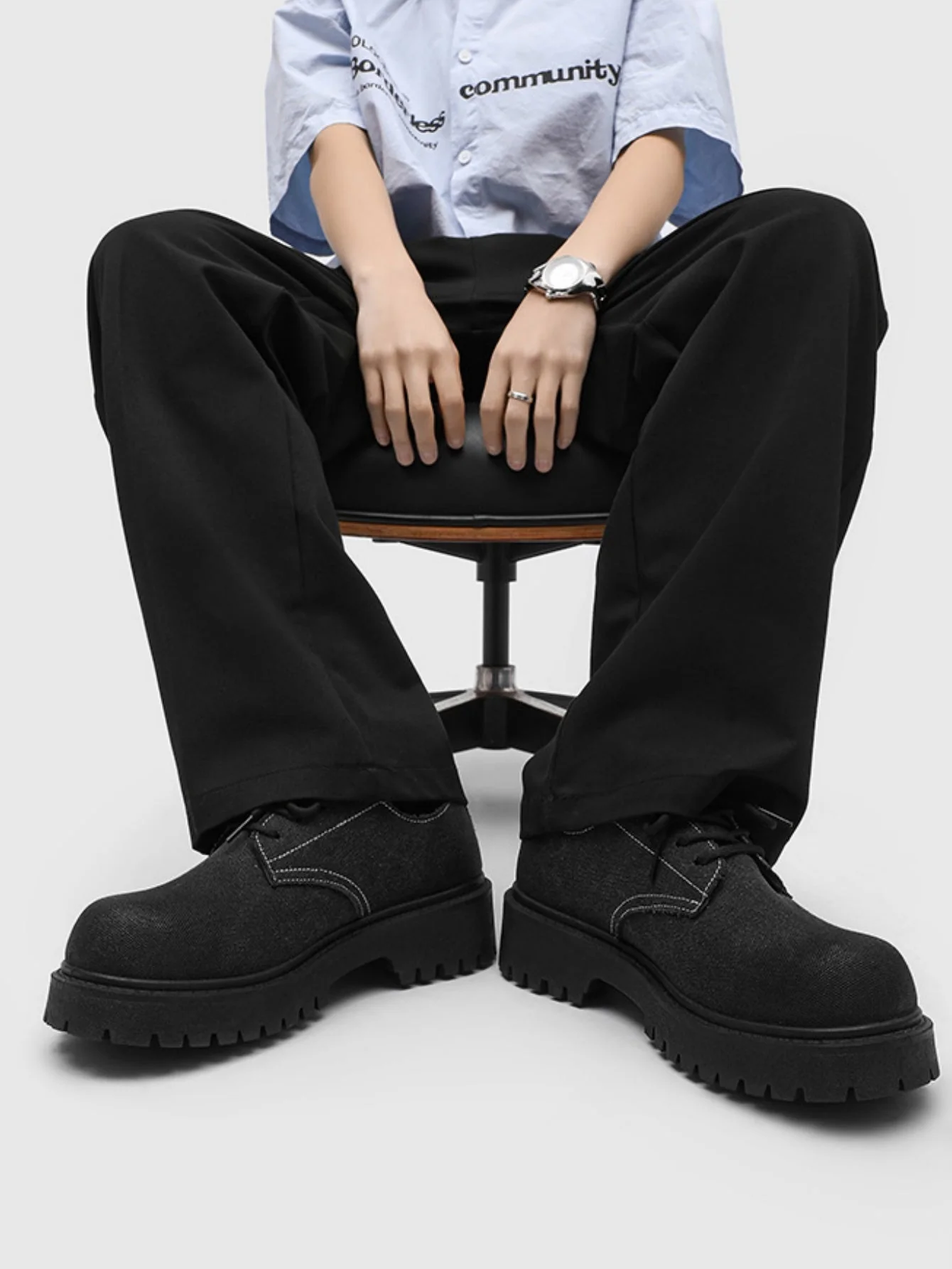 Black Canvas Chunky Sole Derby Shoes