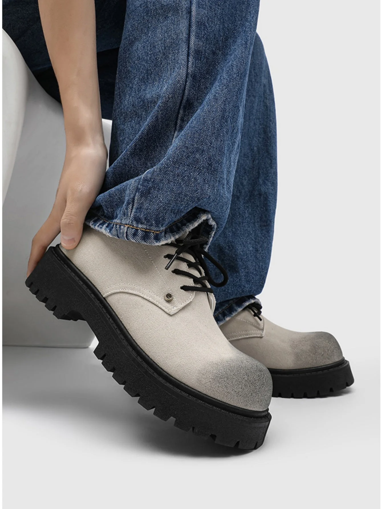 Black Canvas Chunky Sole Derby Shoes - Image 11