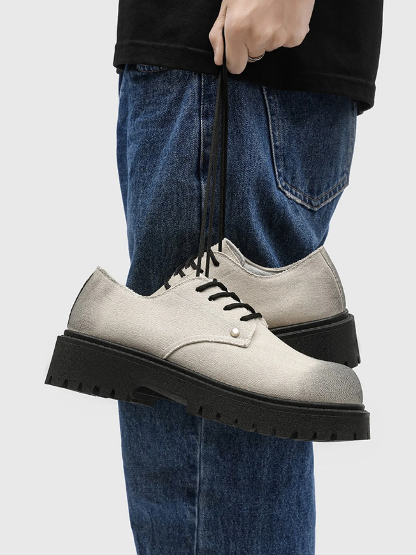 Black Canvas Chunky Sole Derby Shoes - Image 12