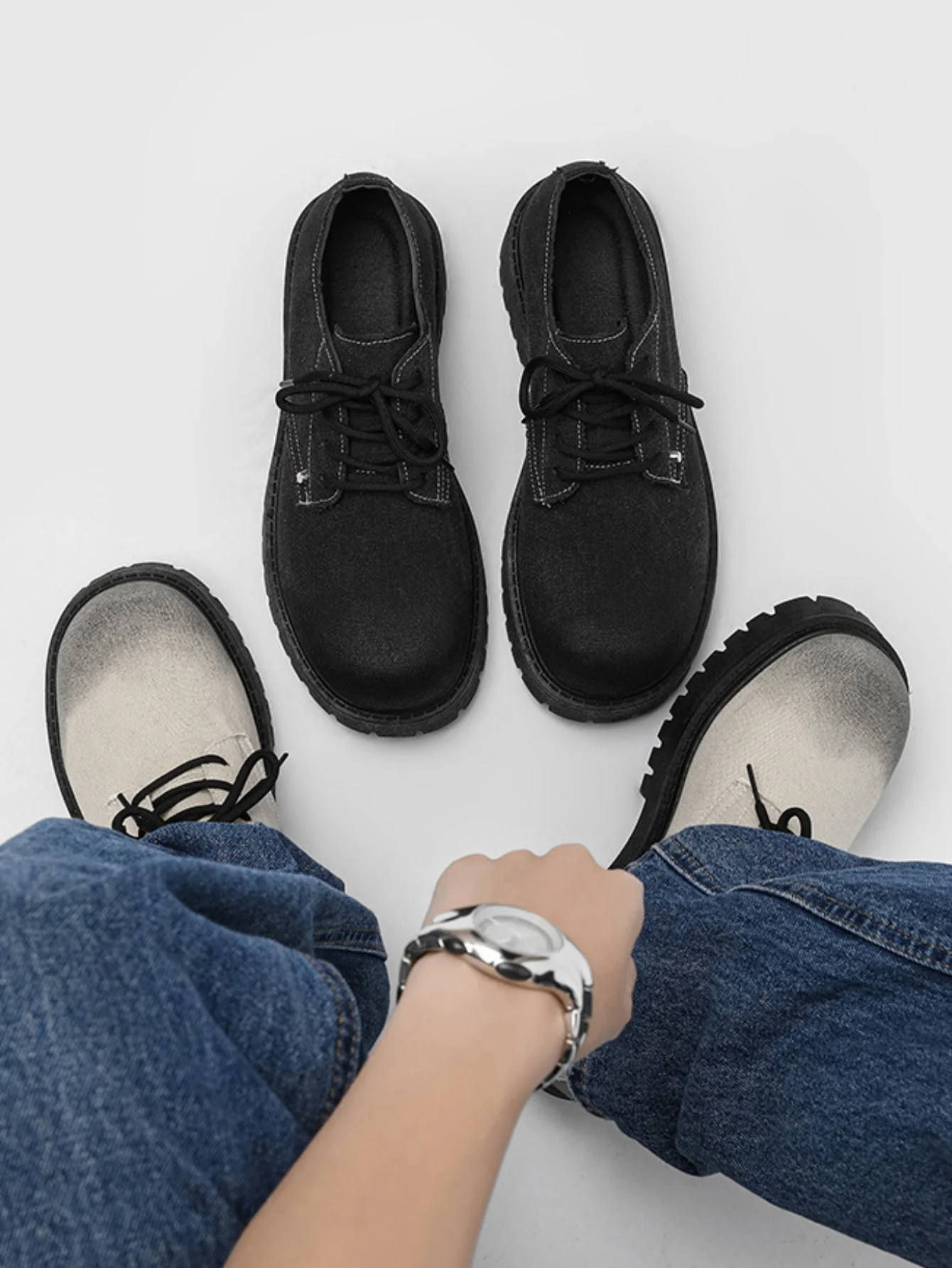 Black Canvas Chunky Sole Derby Shoes - Image 17