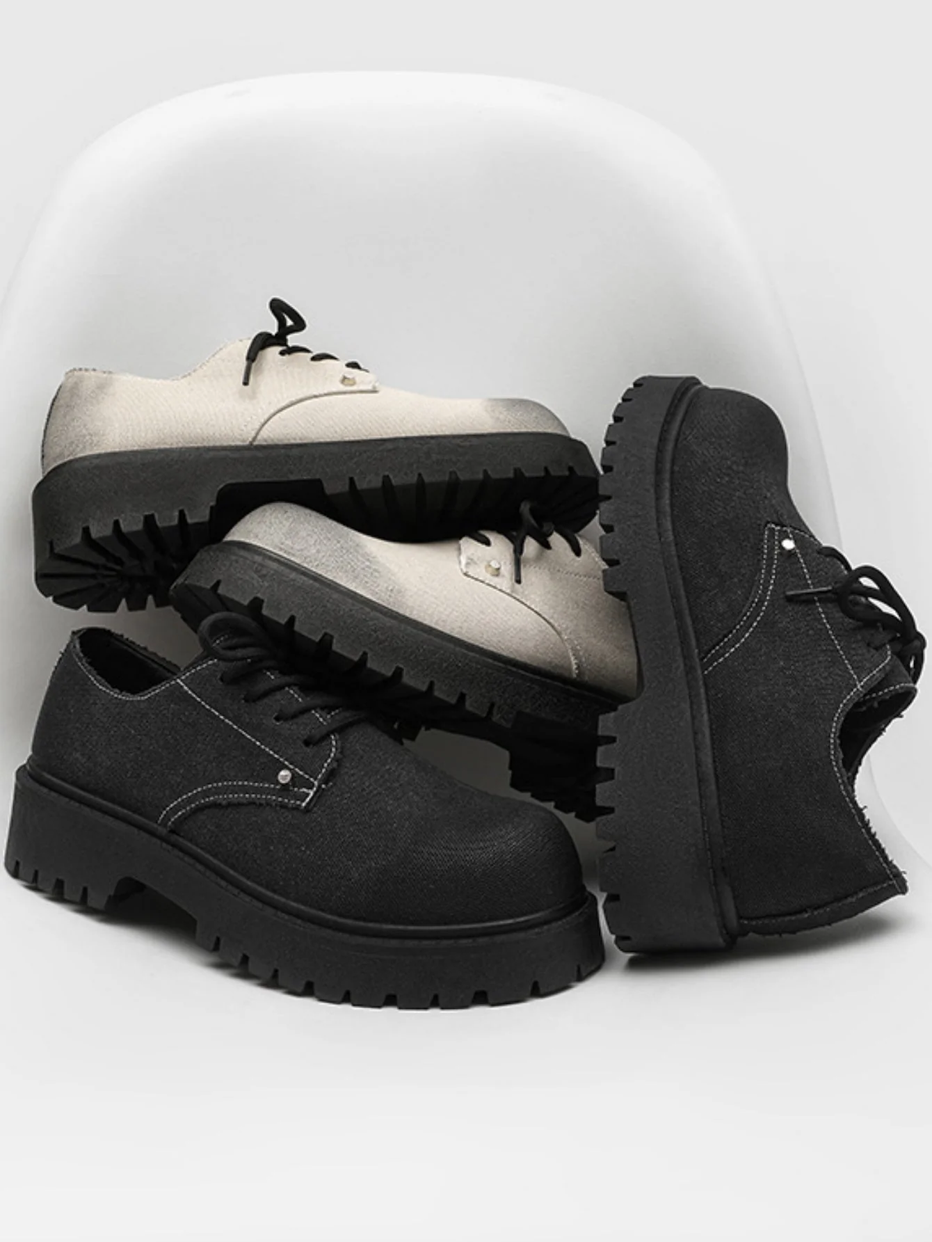 Black Canvas Chunky Sole Derby Shoes - Image 18