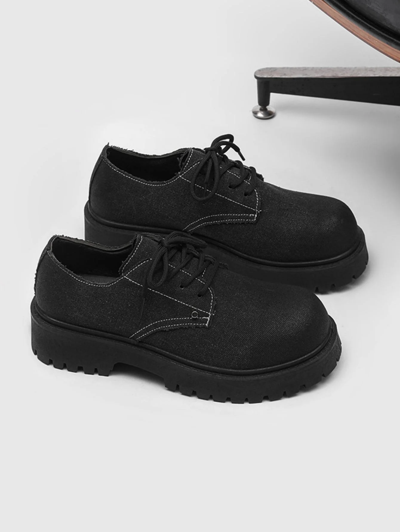 Black Canvas Chunky Sole Derby Shoes - Image 6