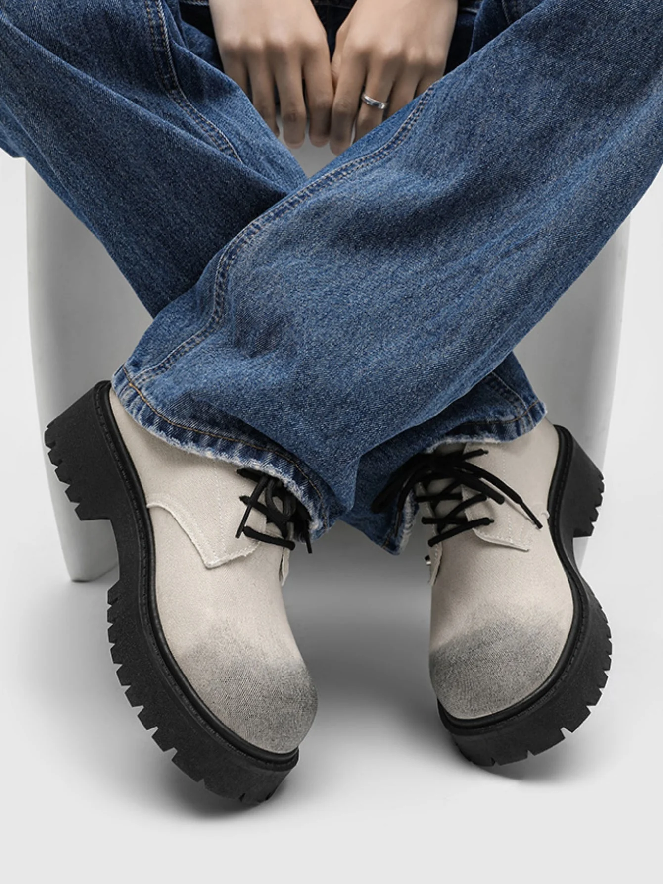 Black Canvas Chunky Sole Derby Shoes - Image 8