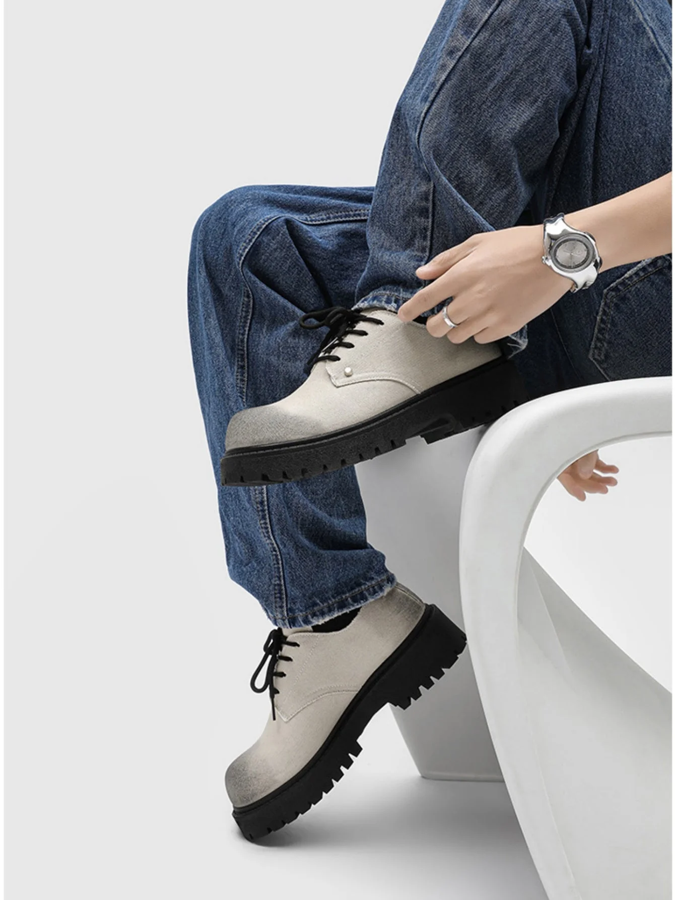 Black Canvas Chunky Sole Derby Shoes - Image 9