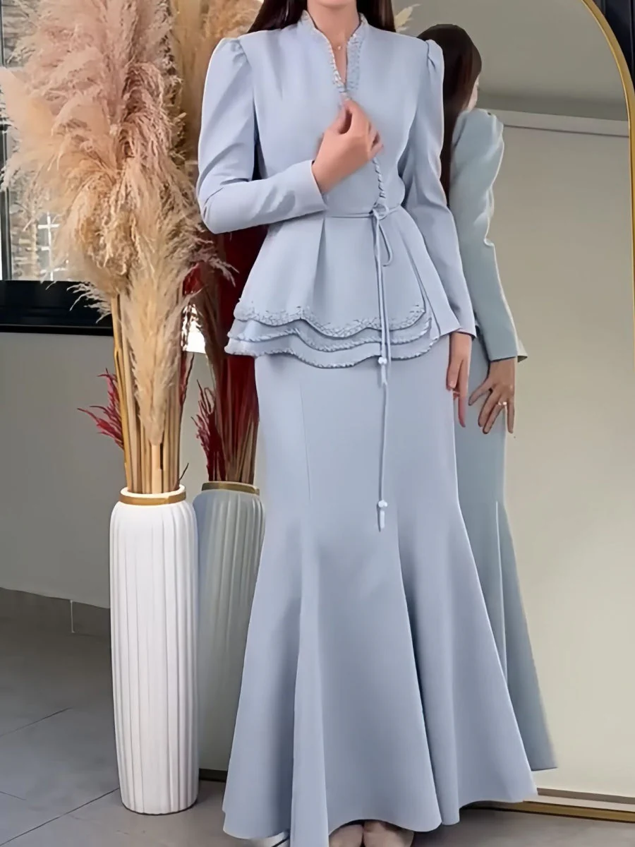 V-neck Tie-front Blazer And High-waisted Slimming Skirt Two-piece Set - Image 3