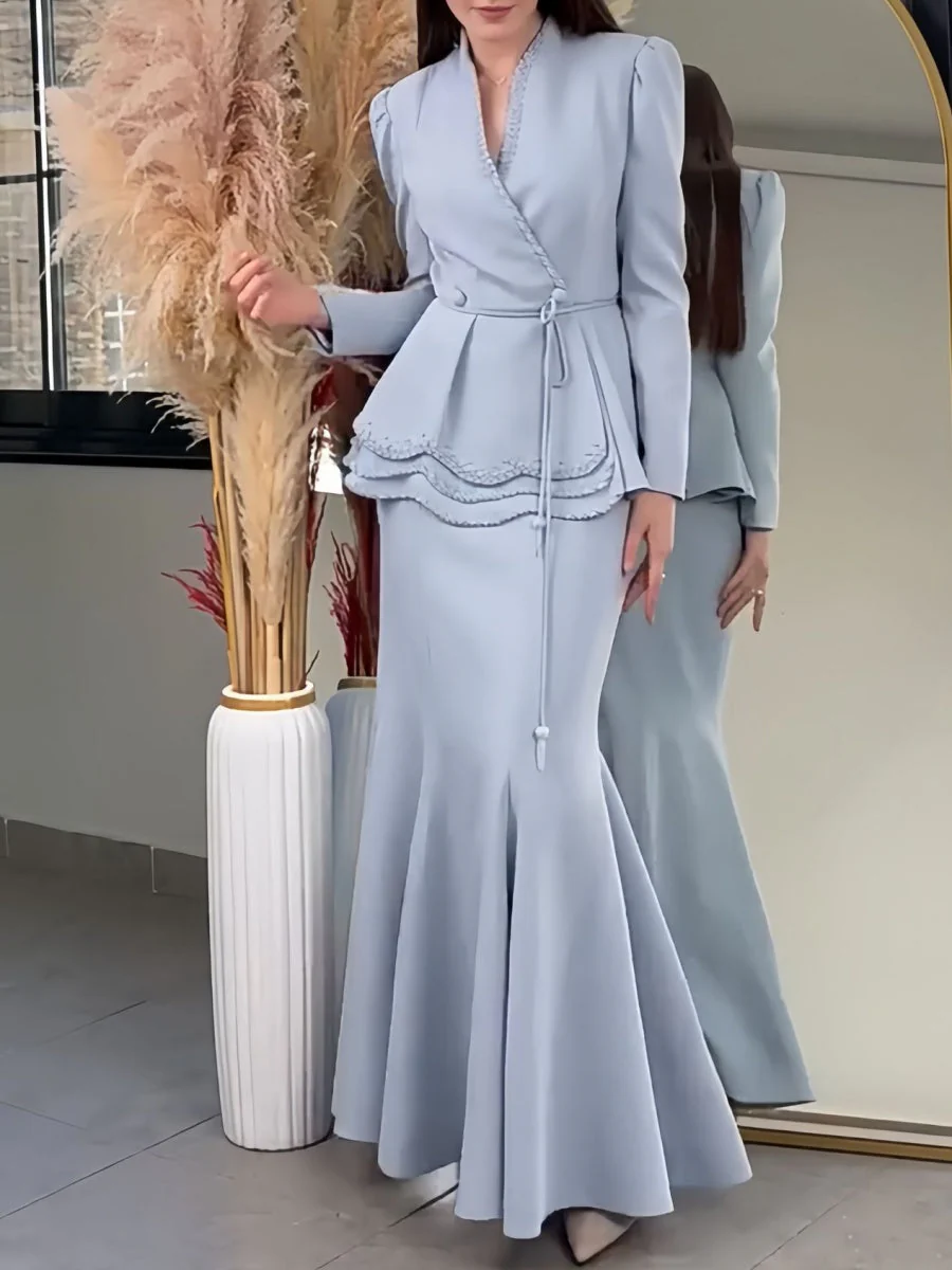 V-neck Tie-front Blazer And High-waisted Slimming Skirt Two-piece Set - Image 4