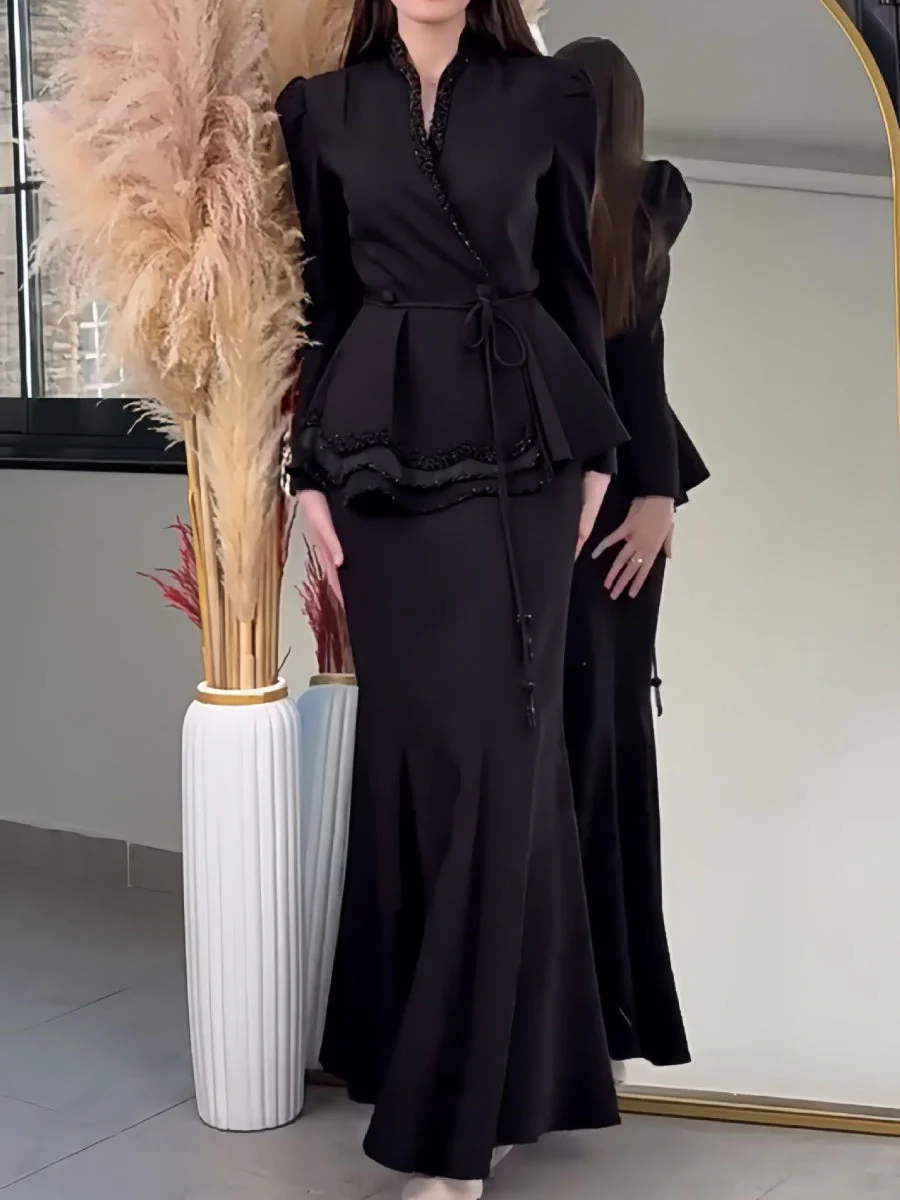 V-neck Tie-front Blazer And High-waisted Slimming Skirt Two-piece Set - Image 5