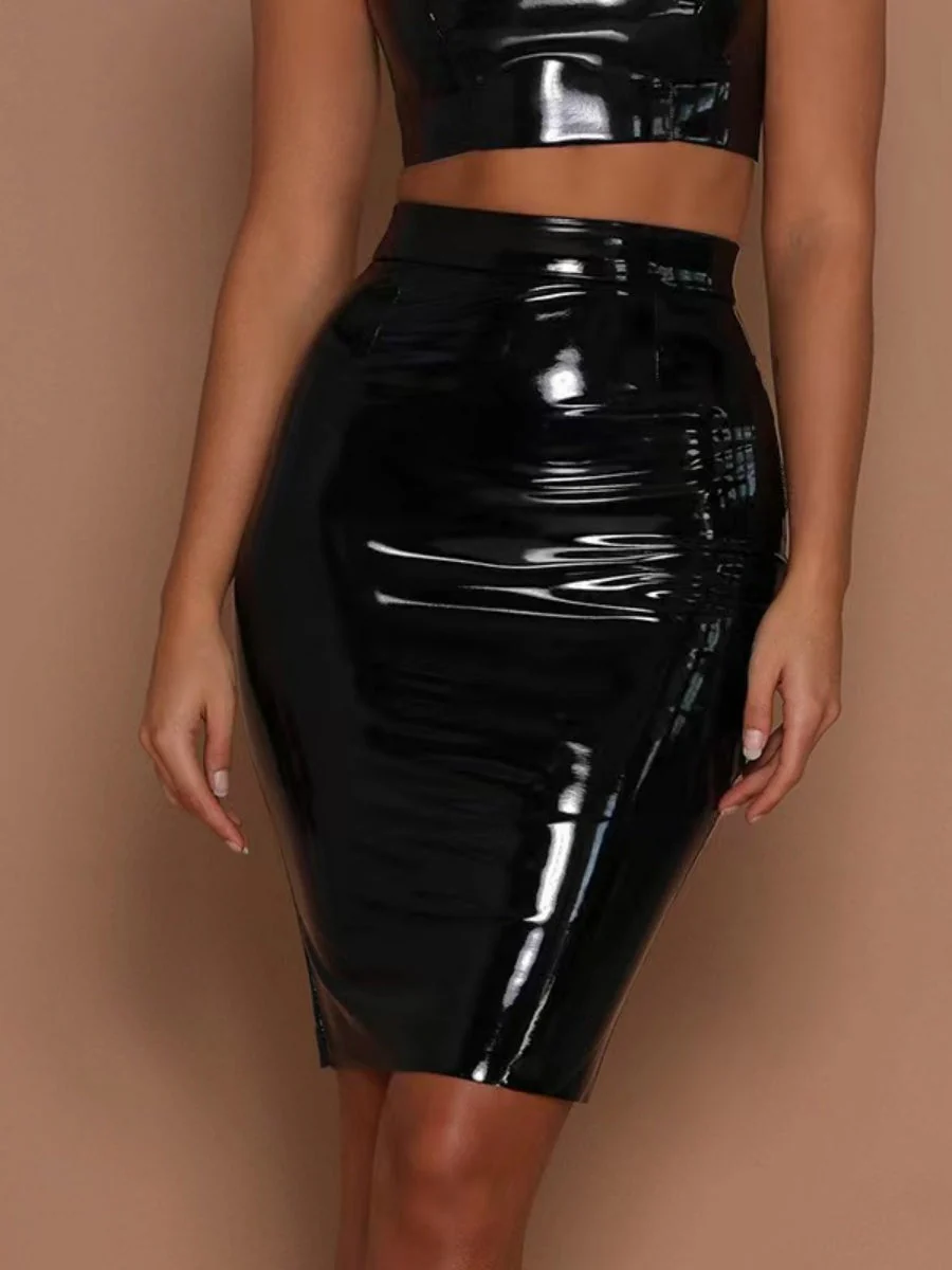 Glossy PU Leather Tight Fit Hip-hugging High Waist Zipper Skirts - Image 3