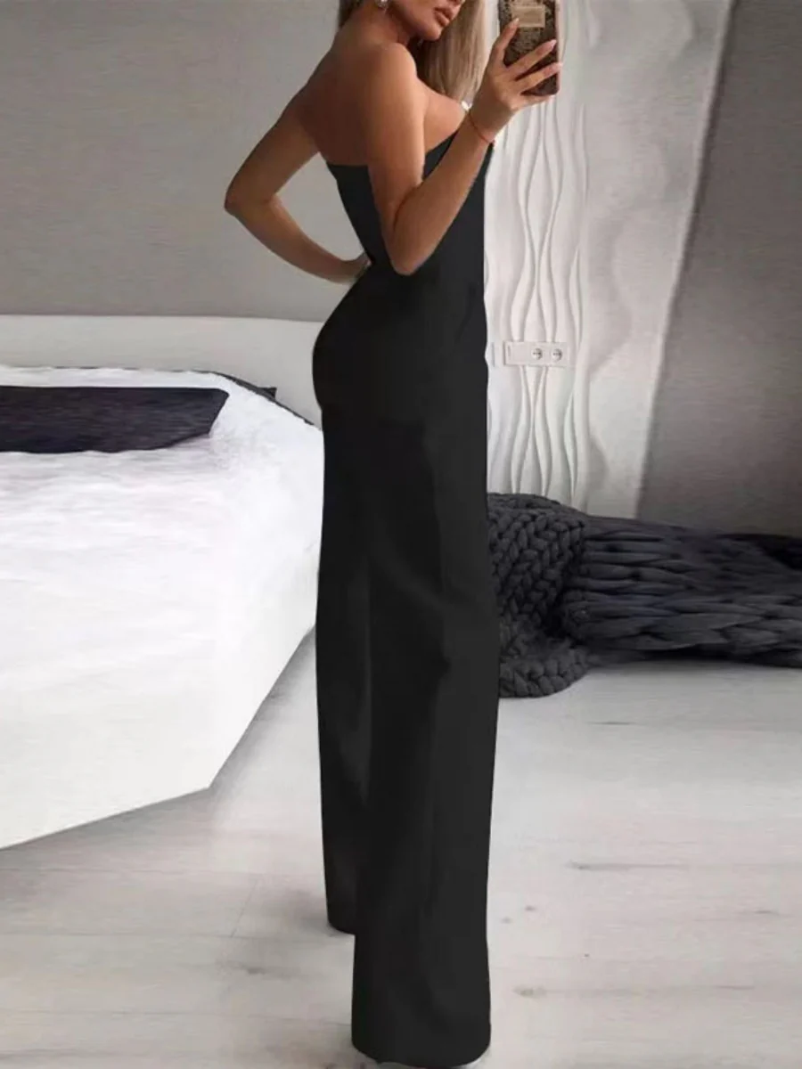 Asymmetrical Mid-waisted Elegant V-neck Strapless Jumpsuit - Image 2