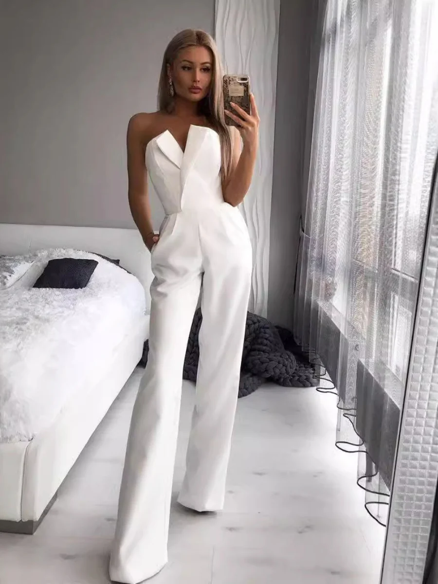 Asymmetrical Mid-waisted Elegant V-neck Strapless Jumpsuit - Image 3