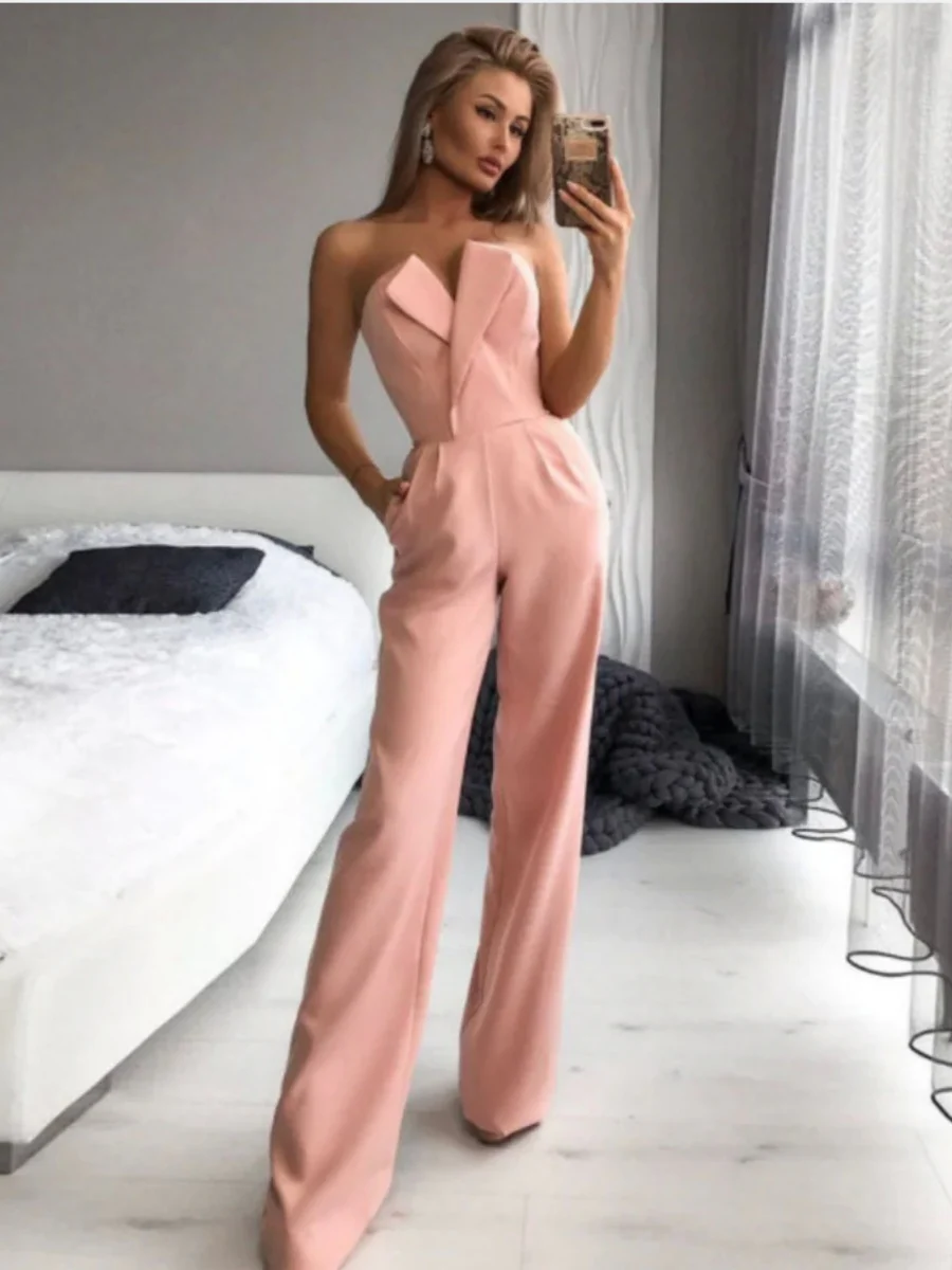 Asymmetrical Mid-waisted Elegant V-neck Strapless Jumpsuit - Image 4