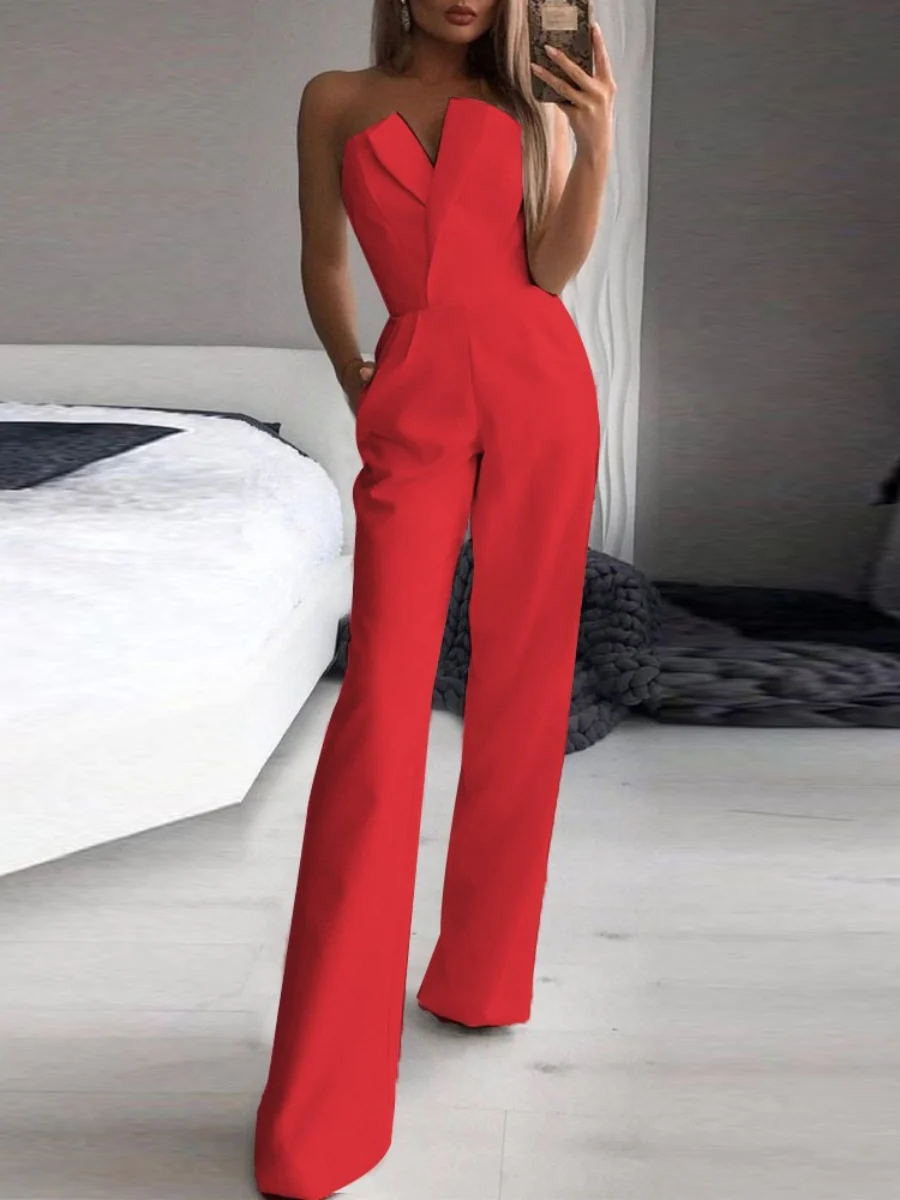 Asymmetrical Mid-waisted Elegant V-neck Strapless Jumpsuit - Image 6