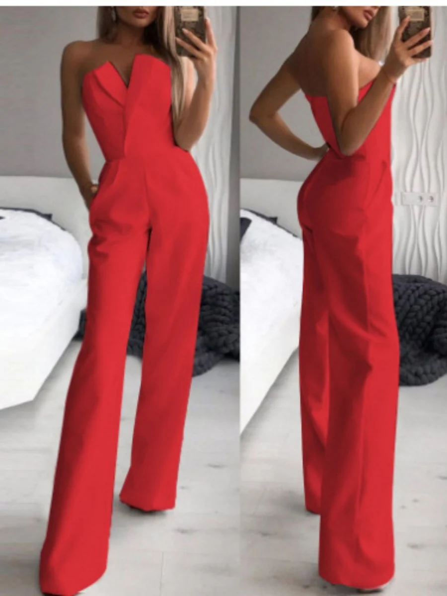 Asymmetrical Mid-waisted Elegant V-neck Strapless Jumpsuit - Image 7