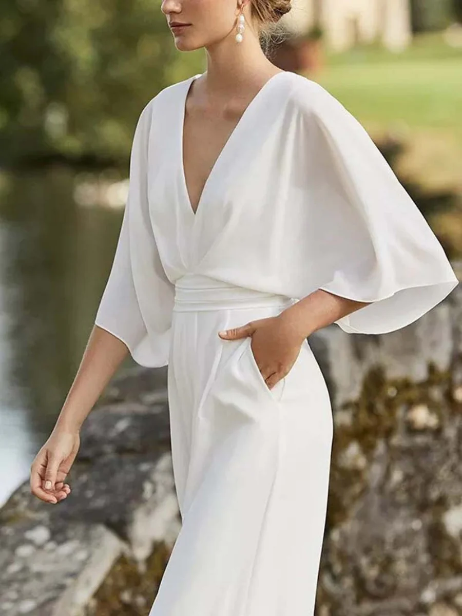 Asymmetrical Placket, Mid-waist, Short-sleeved, V-neck, Elegant Work Jumpsuit - Image 2