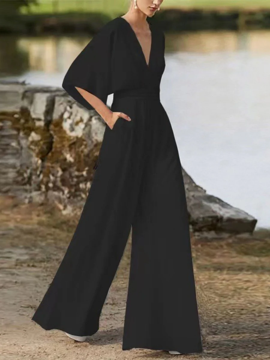 Asymmetrical Placket, Mid-waist, Short-sleeved, V-neck, Elegant Work Jumpsuit - Image 3